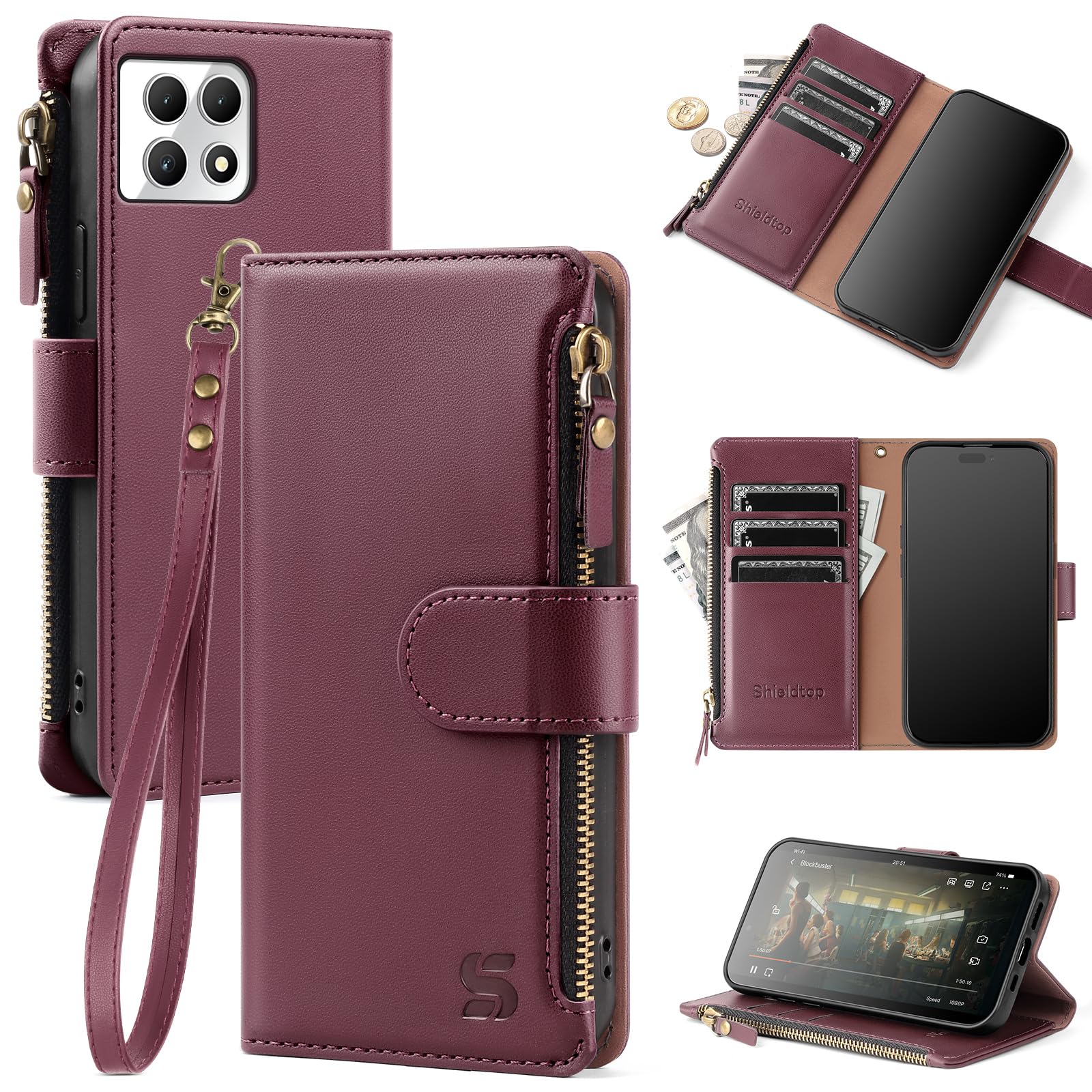 Shieldtop Compatible with T-Mobile REVVL 7 5G Wallet Case with Card Holder,Women Men RFID Blocking PU Leather Flip Cover Wrist Strap Zipper Credit