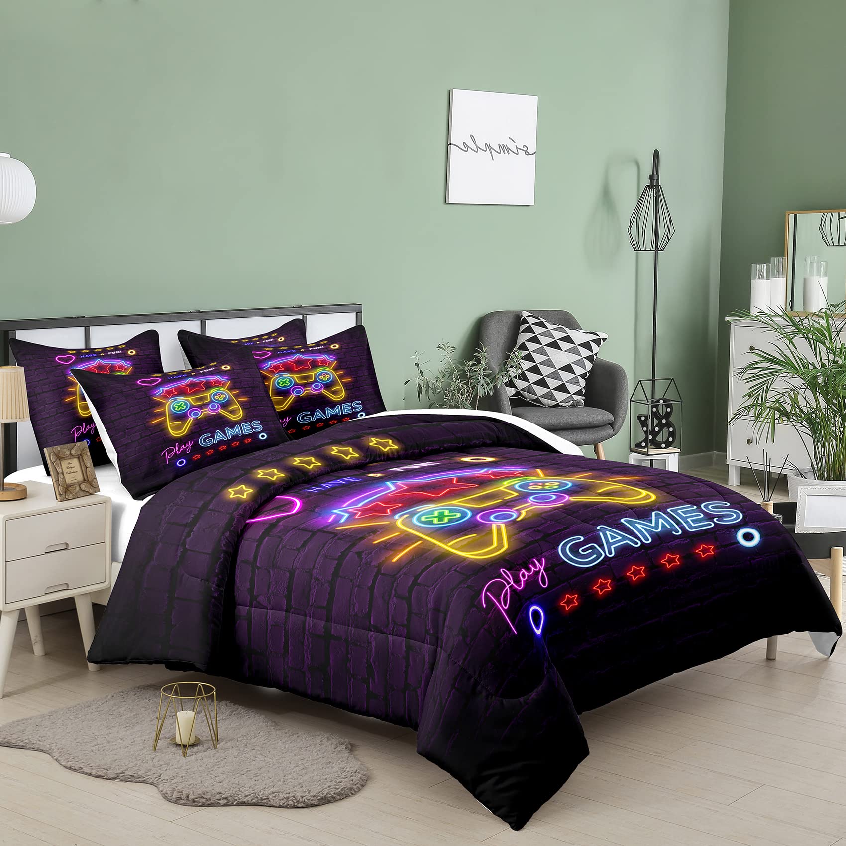 NINENINE Gaming Bedding Twin Size for Kids Teens, Video Game Comforter Set with 1 Comforter 1 Pillowcase