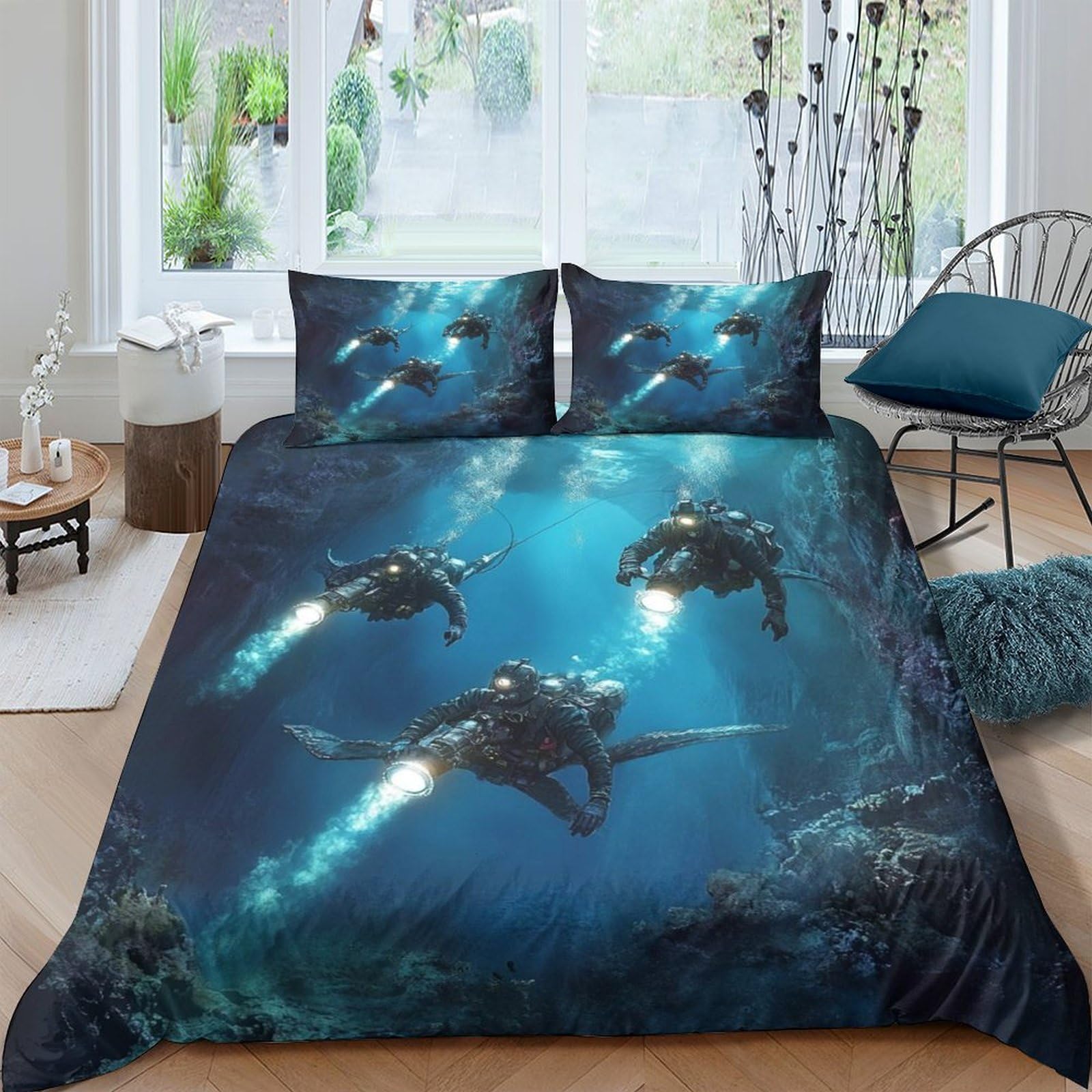 Ctjqhvkz Style-2 3D Printed Underwater Diver Fitted Sheet Microfiber Soft Breathable Ocean Night Mattress Cover For Bedroom Guest Room Decor Single（135X200cm）