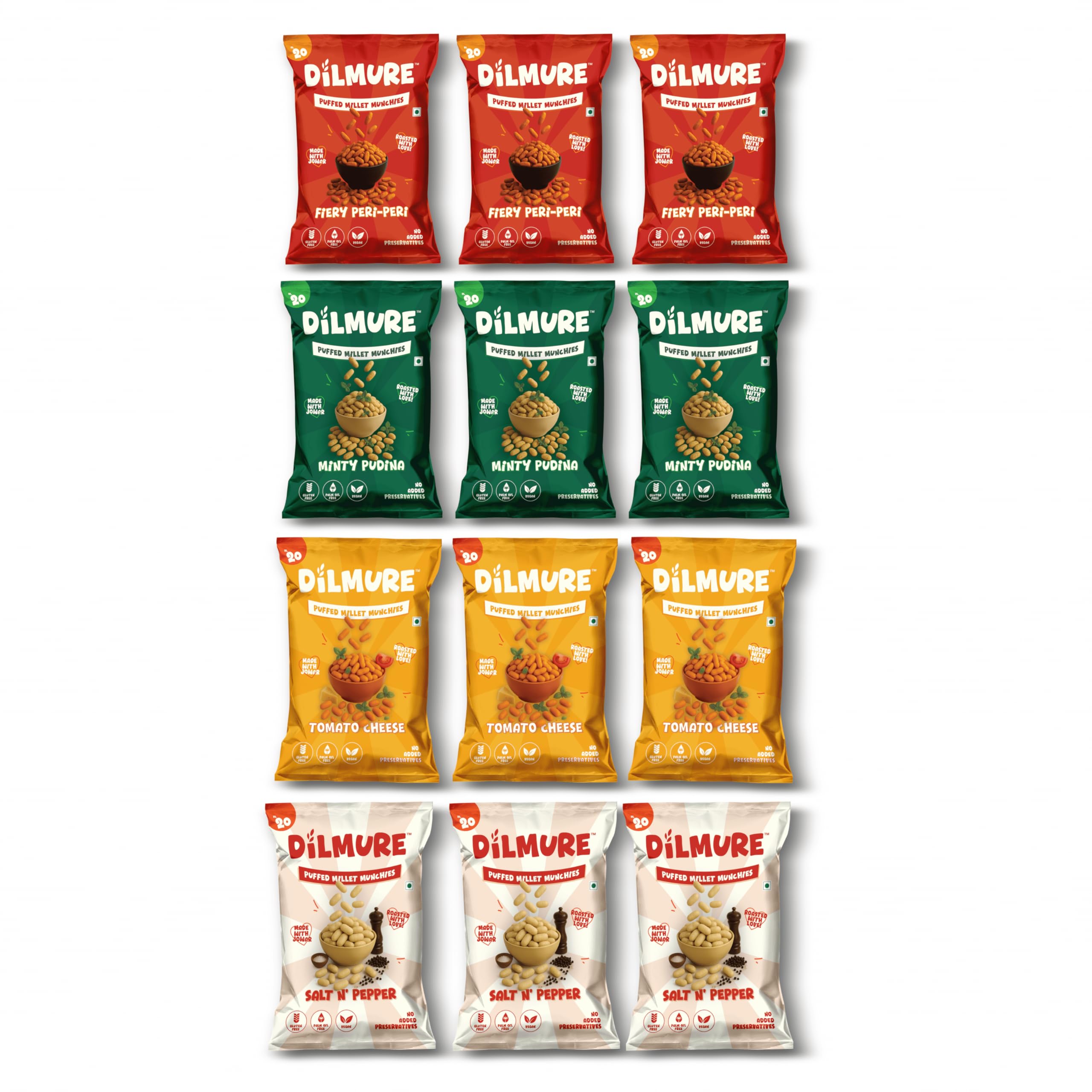 DILMURE Jowar Millet Munchies Combo Pack – Fiery Peri Peri, Minty Pudina,Tomato Cheese,Salt n Pepper (25G Each) | Roasted Healthy Snacks | No Preservatives, No MSG, No Maltodextrin | Palm Oil Free | Zero Cholesterol, Zero Trans Fat | Gluten-Free Millet Snack (Pack of 12)-image-33