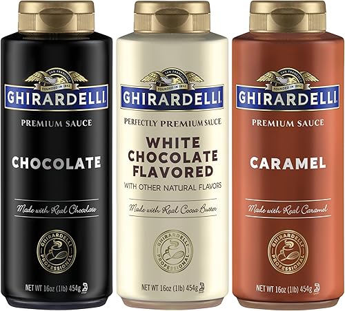 Ghirardelli - Botellas para apretar caramelo chocolate y chocolate blanco juego de 3