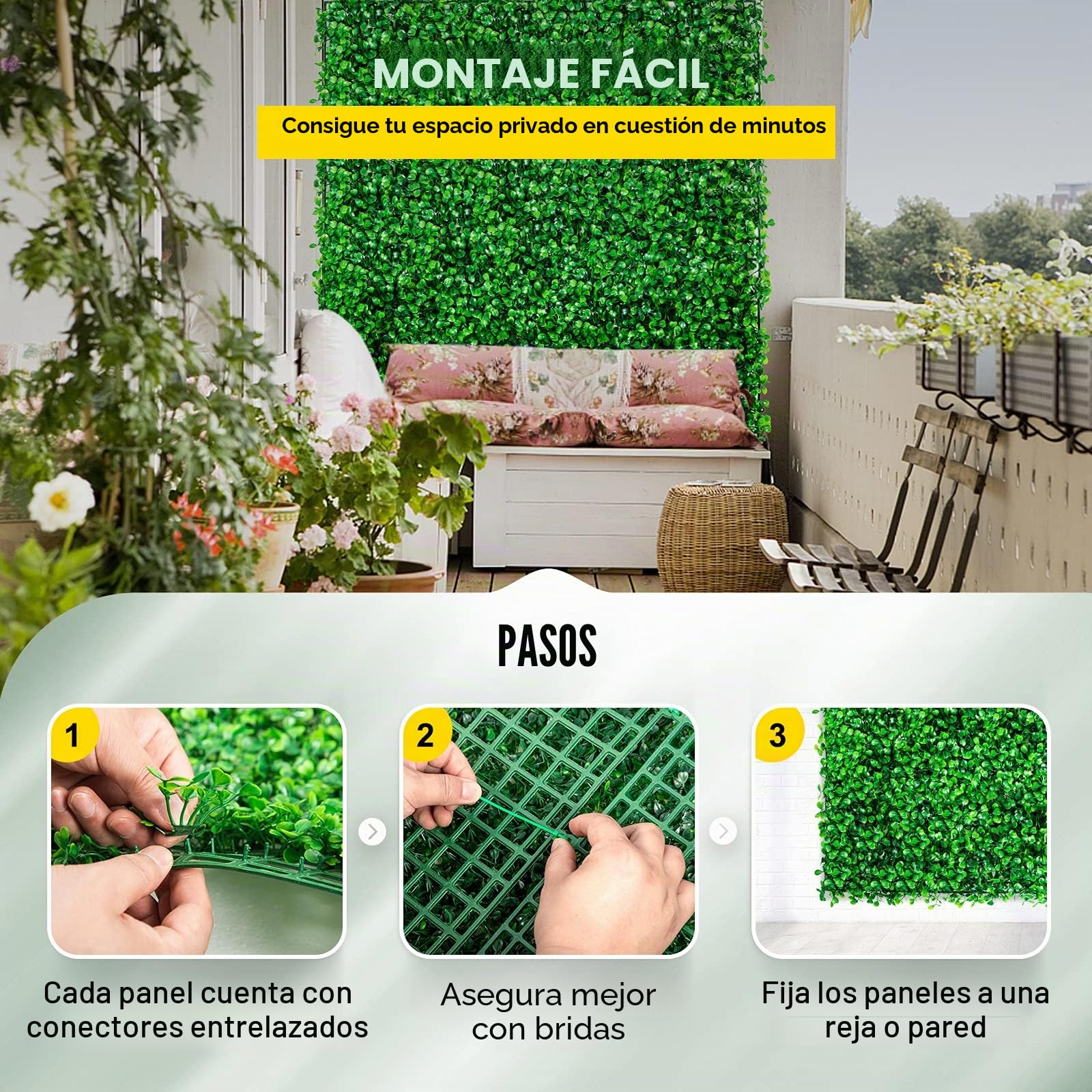 VEVOR Hierba Artificial Verde de 48 Piezas 25,4 X 25,4 cm, Panel de Boj de Hiedra Artificial de Alta Densidad contra UV y 100% PE, Plantas Artificiales Decorativas para Pared, Jardines, Patio Trasero