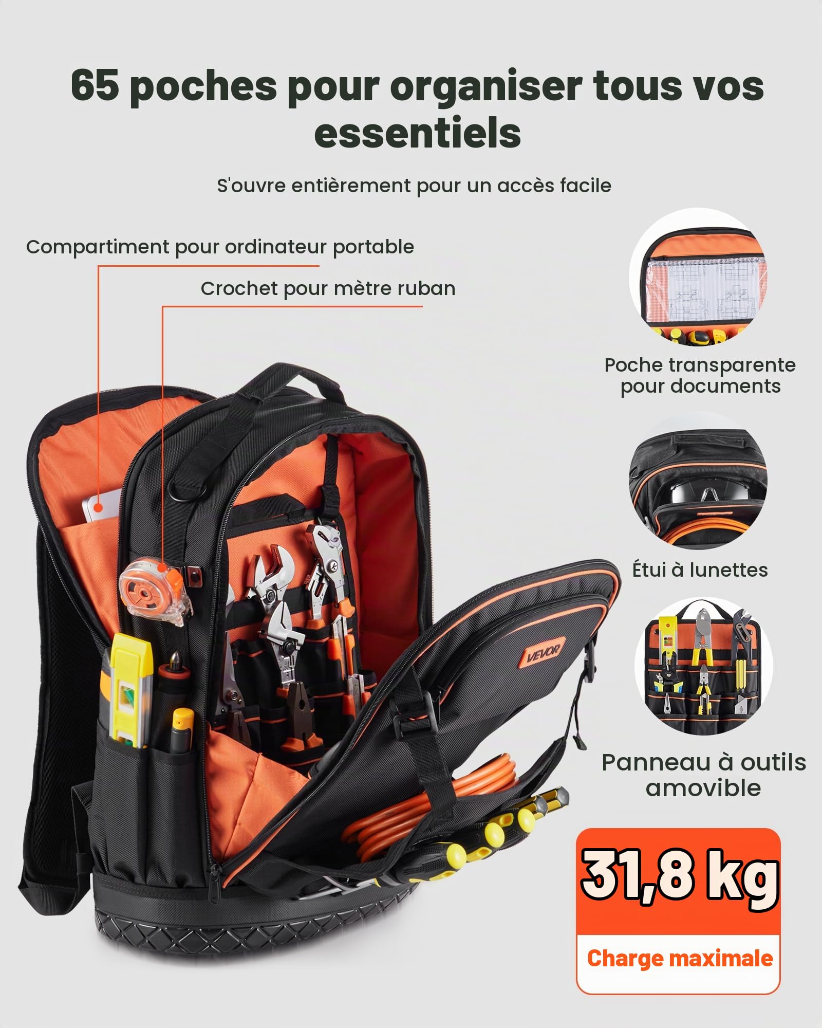 VEVOR Sac à Dos à Outils, Charge 31,75 kg, Sac à Outils 37x19,5x52 cm avec 65 Poches, Compartiment Ordinateur Portable, Base, Organisateur avec Outil Robuste pour Chantier, Électricien, Réparateur CVC