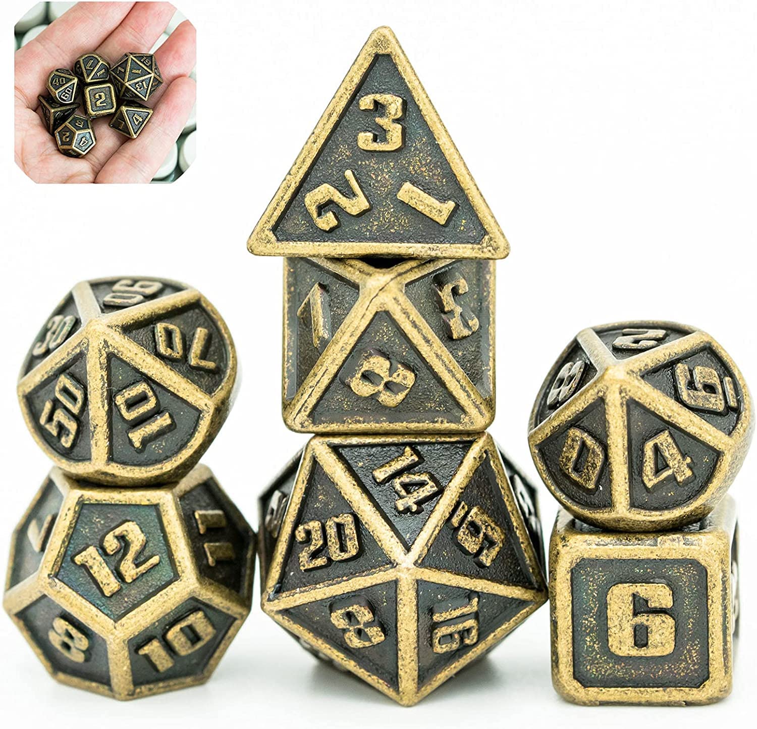 Cusdie Mini Metal Dice 10MM, 7 PCs Metallic DND Dice Set, Mini Polyhedral Dice Set, for Role Playing Game D&D Dice (Bronze)
