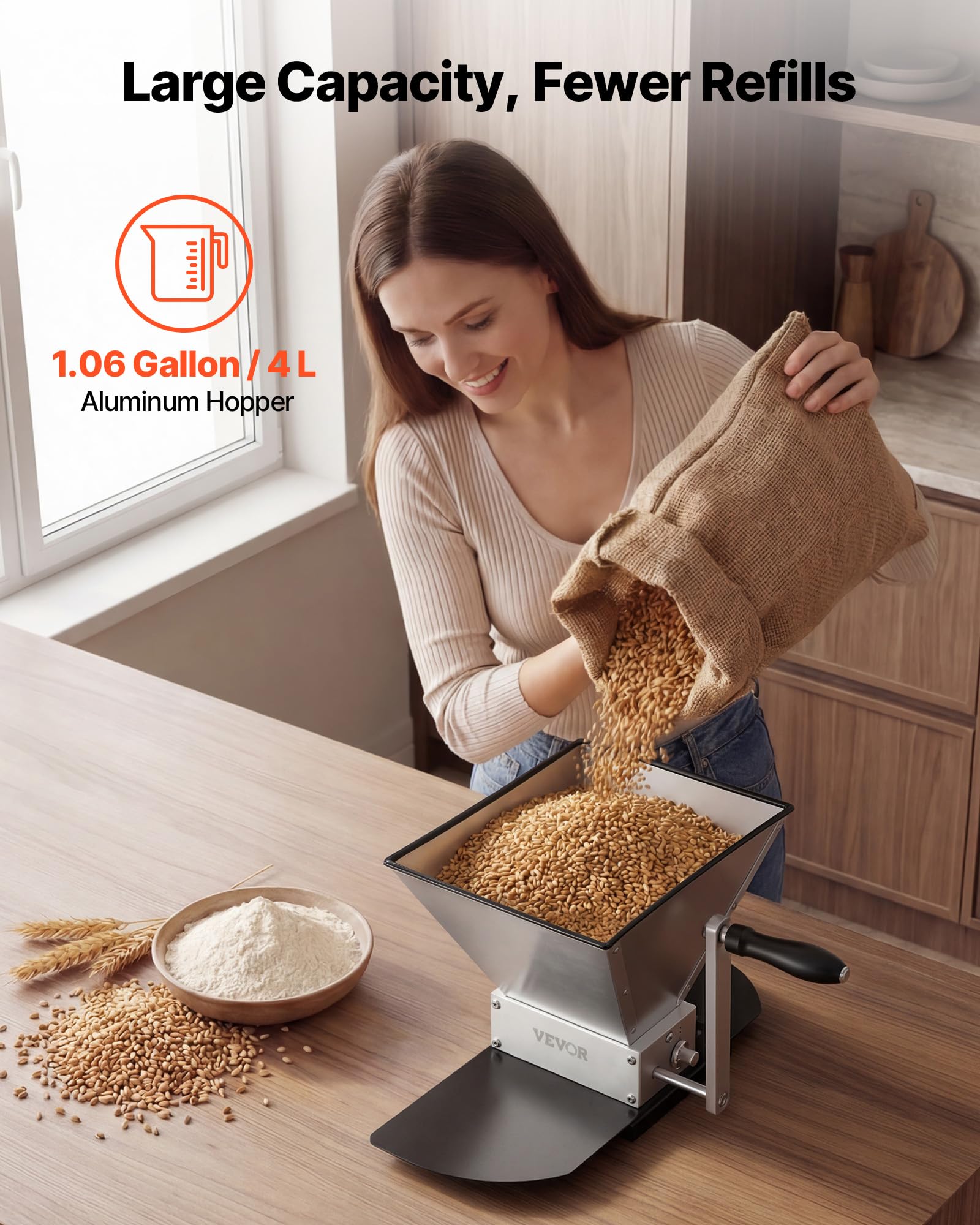 VEVOR Mulino per Cereali Manuale, Macinino a Mano Macina Malto per Produzione Birra Fatta a Casa, Macina Cereali per Malto Regolabile con 2 Rulli in Acciaio Inox, Tramoggia da 4 Litri, Piastra di Base