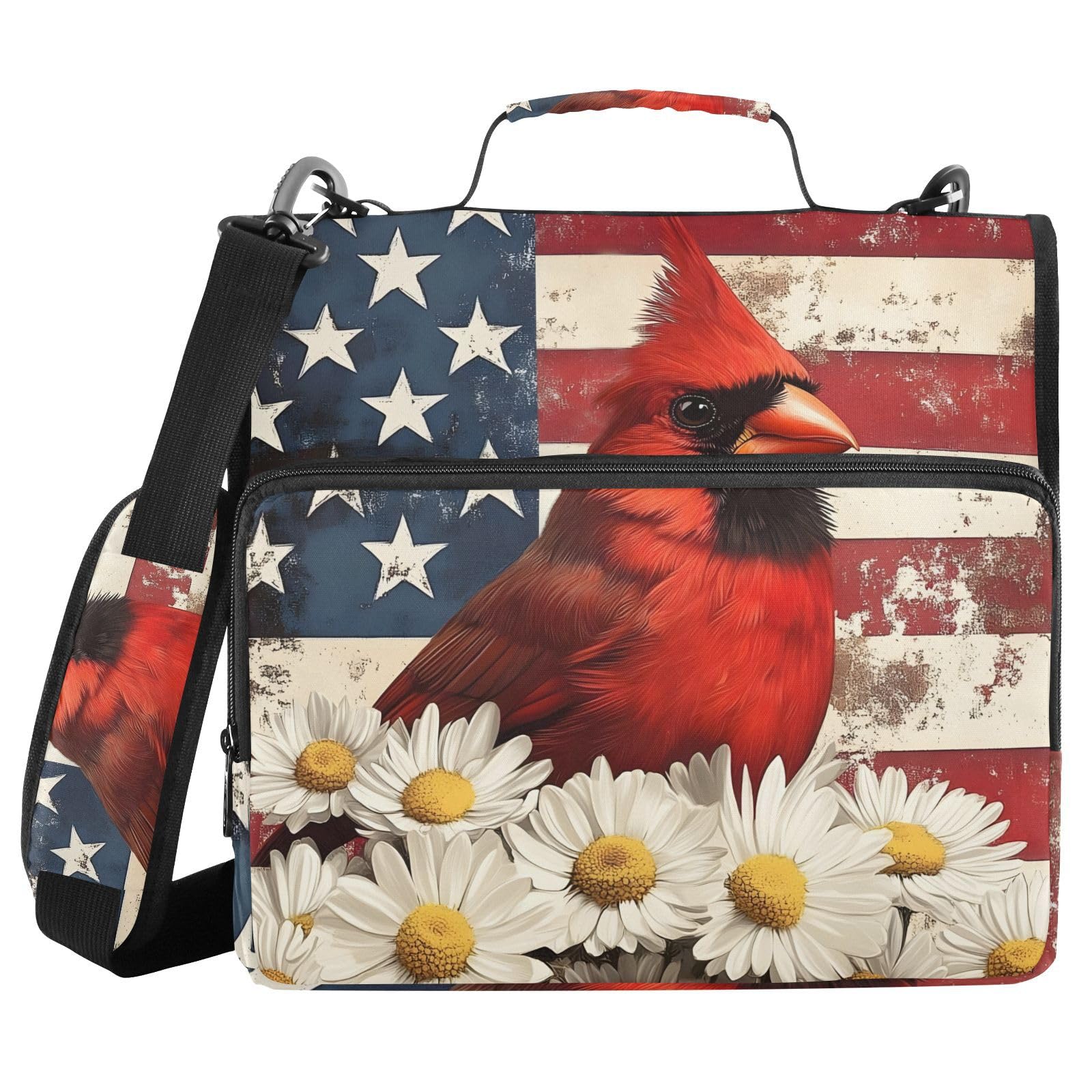 Cardinalbird American Flag Daisy Zipper Binder Bag 3 Ring Binder with Shoulder Strap Zip Up 500 Sheets Capacity Multi Pockets for School Office Supplies