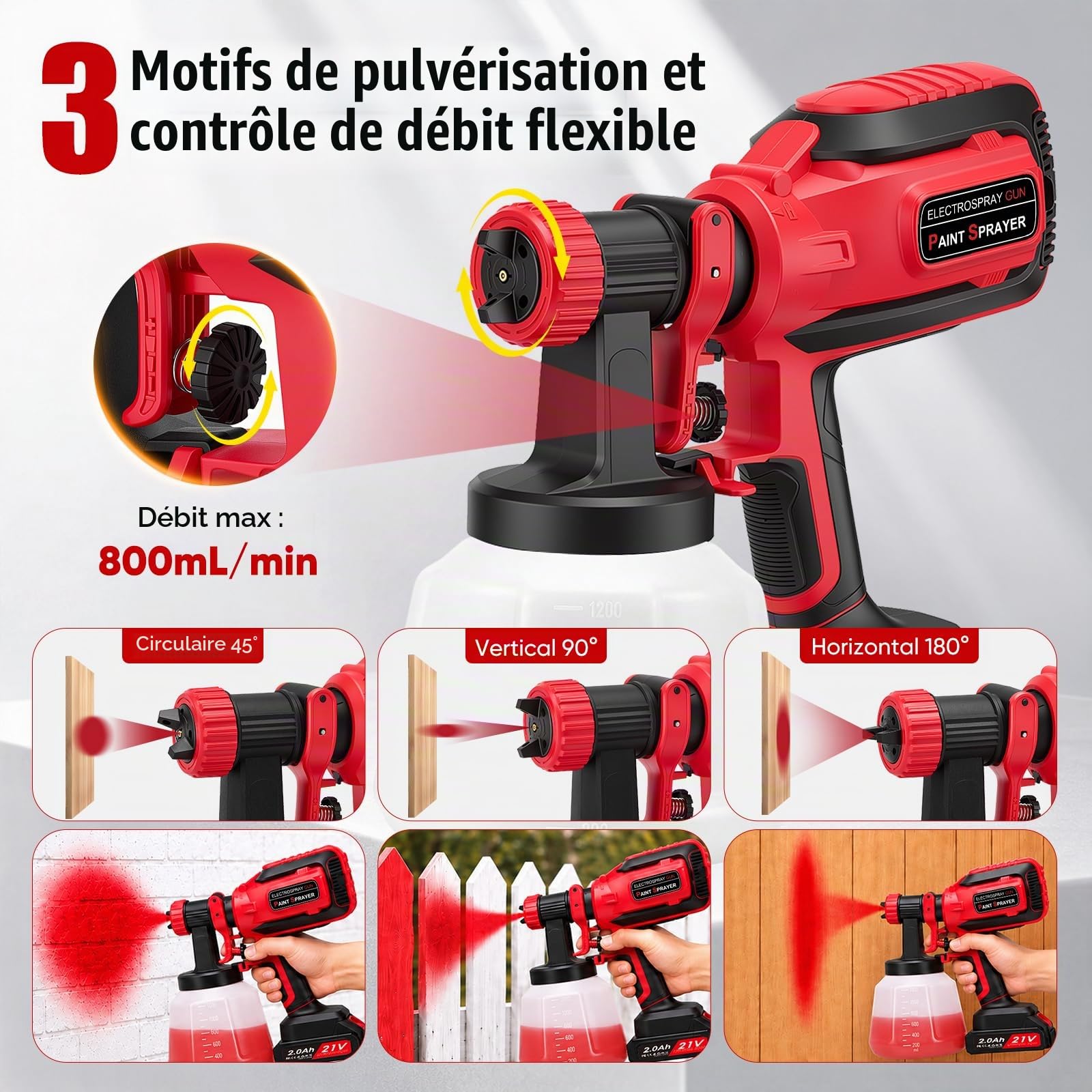 Pistolet à Peinture sans Fil 21V HVLP 800 ML/Min avec 5 Buses, Réservoir 1200 ML & 2 Batteries – 3 Modes de Pulvérisation pour Meubles, Clôtures, Portes & Bricolage