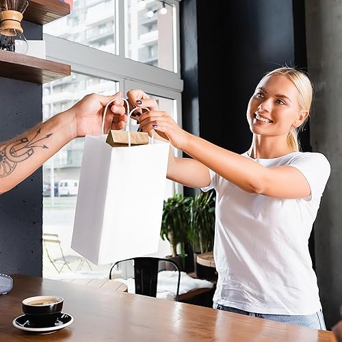 Miniatura 3 de Prime Line Packaging Bolsas de papel blanco, bolsas de regalo de estraza con asas para pequeñas empresas, boutique, venta al por menor, compras,