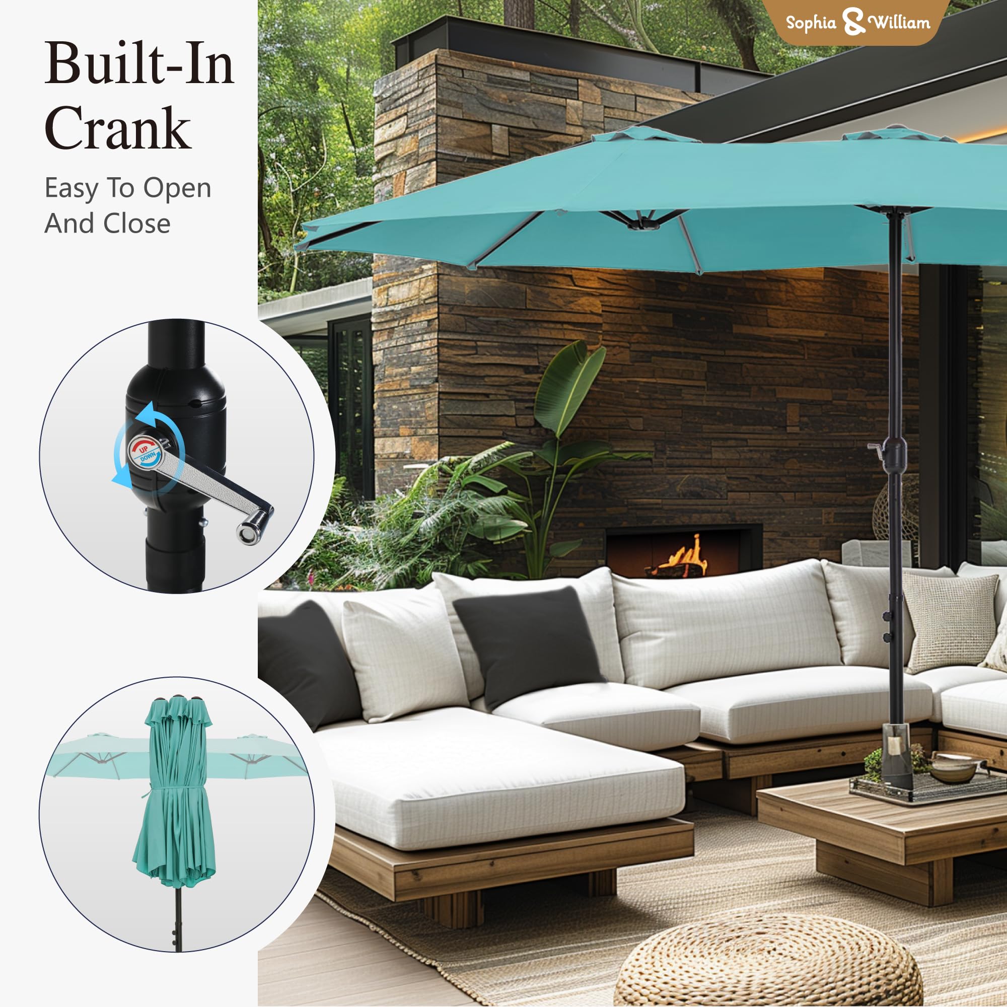 Sophia & William 15 ft Extra Large Patio Umbrella with Base Included, Rectangular Outdoor Umbrella Heavy Duty, Market Umbrella Double-sided Fade Resistant for Pool Garden Backyard, Turquoise