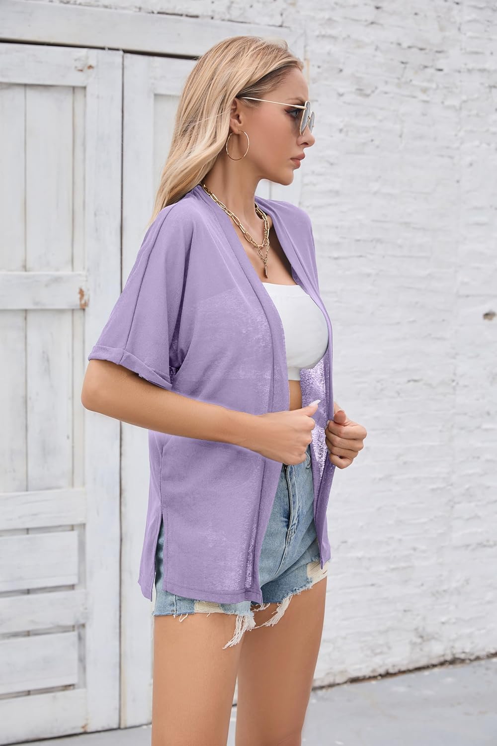 Iandroiy Women's Lightweight Open Front Cardigans Casual Short Sleeve Blouse Tops - Image 3