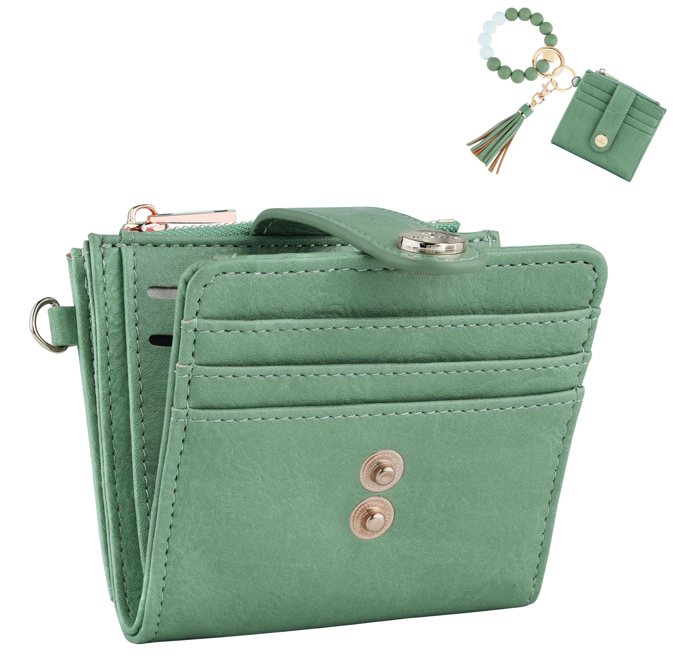 Sunpour Small Wristlet Wallets for Women Keychain Wristlet Wallet RFID Blocking Key Chain Wallet With Zipper Coin Pocket,2 Id Window (Mint Green)