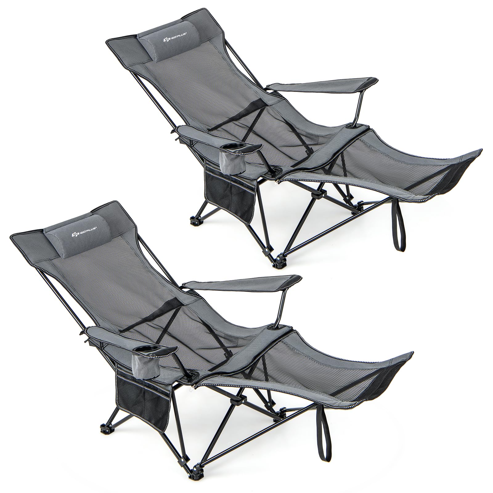 KOMFOTTEU Silla de Camping Plegable, Silla de Pesca con Respaldo Ajustable y Reposapiés Extraíble, Tumbona con Soporte para Bebidas, Bolsillo Lateral y Bolsa de Transporte (Gris)