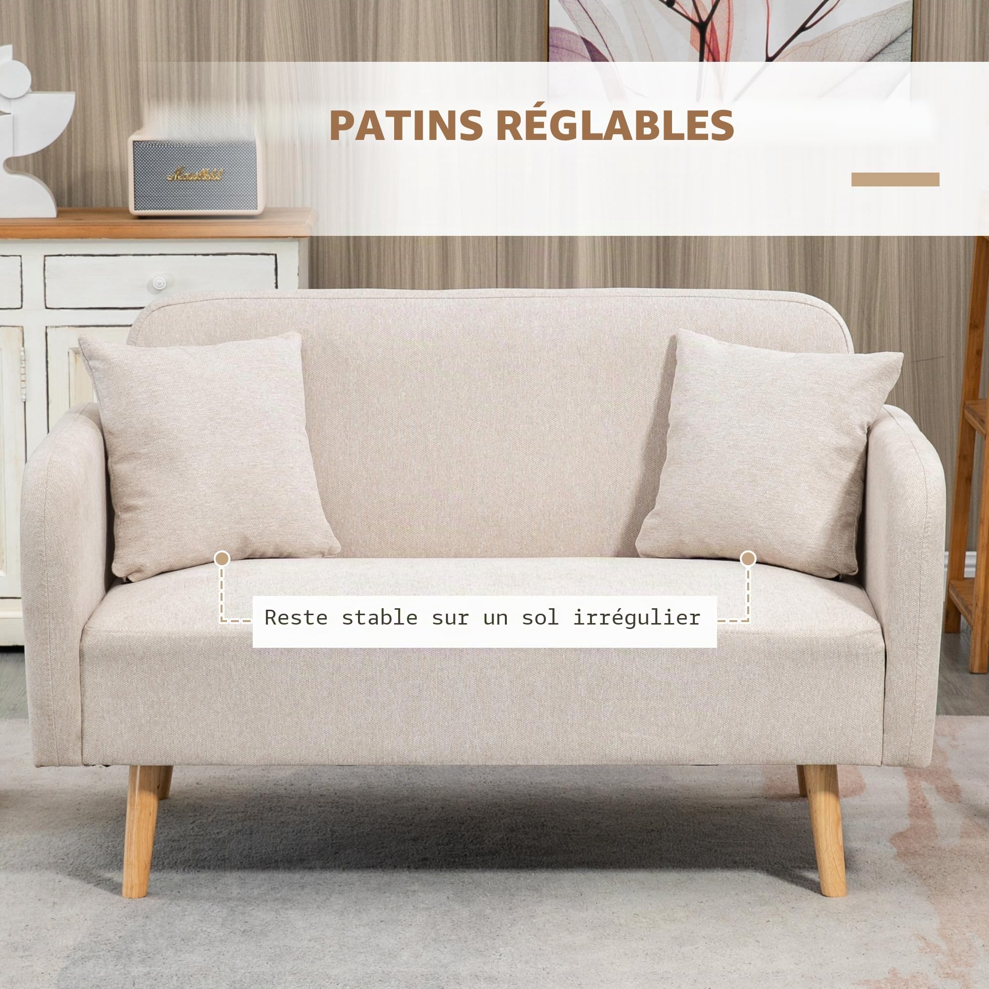HOMCOM Canapé 2 places, 2 places, 2 coussins rembourrés, canapé double rembourré avec accoudoirs en velours pour salon, chambre à coucher, 130 x 70 x 80 cm, crème