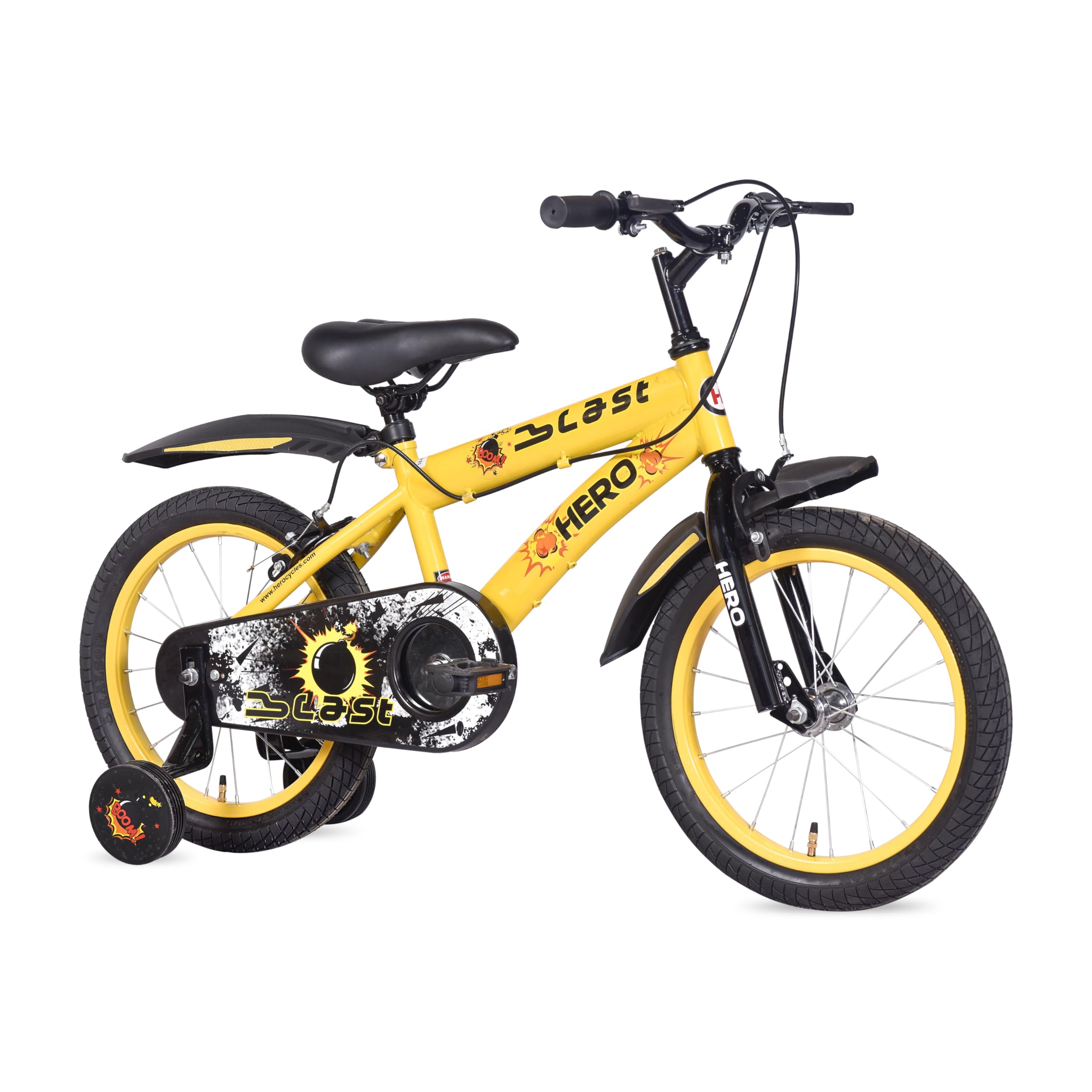 Hero Blast 16T Kids Cycle with training wheels and mudgaurds | Yellow | Easy Self-assembly | Cycle for age 4 to 8 years boys and girls 12 Inches, Rigid