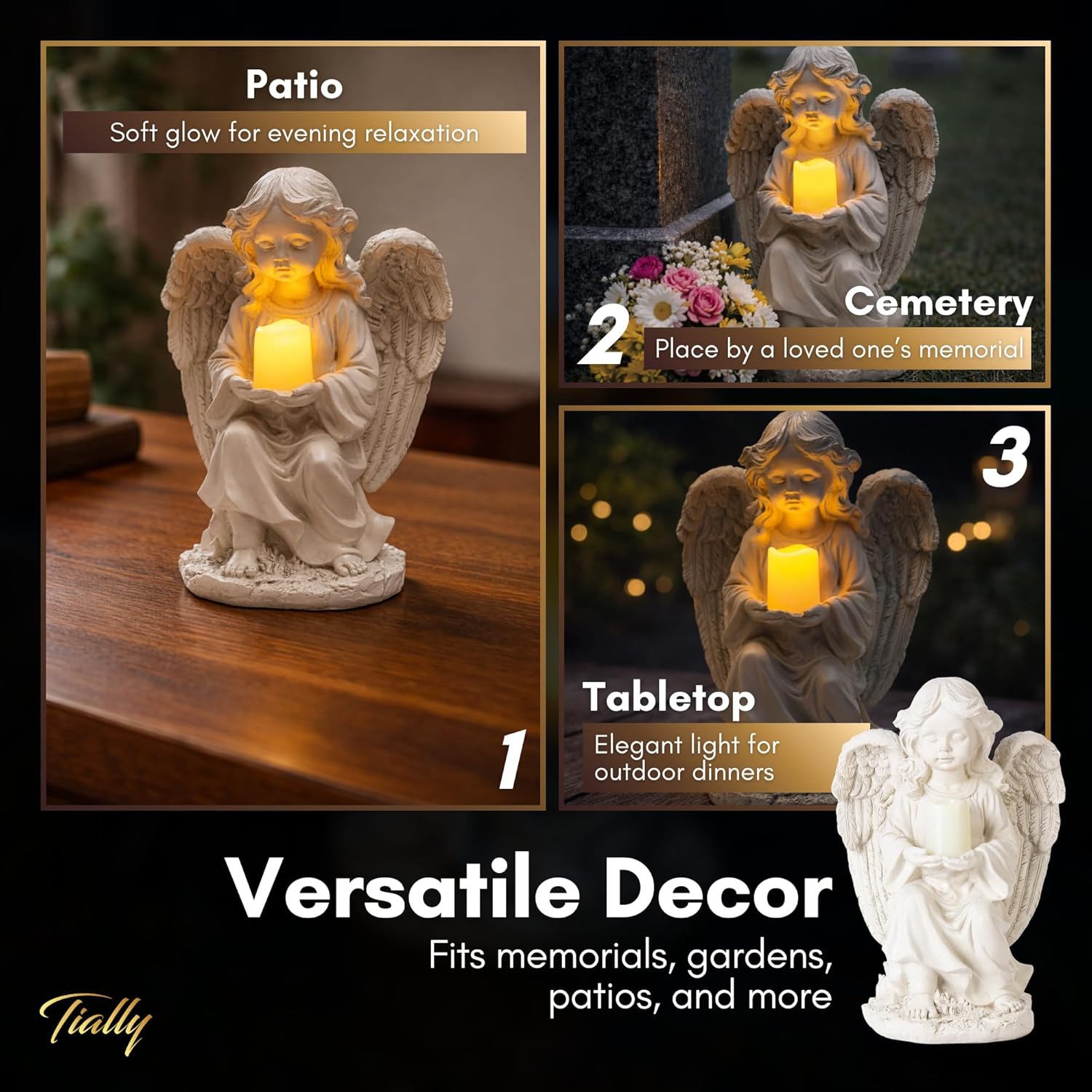 TIALLY Solar Angel Garden Statue with Glowing Candle – Large Angel Figurines with Soft Glow, Weatherproof Outdoor Statues for Memorial Decor, Yard, Lawn or Cemetery Use, Angels Gifts for Women