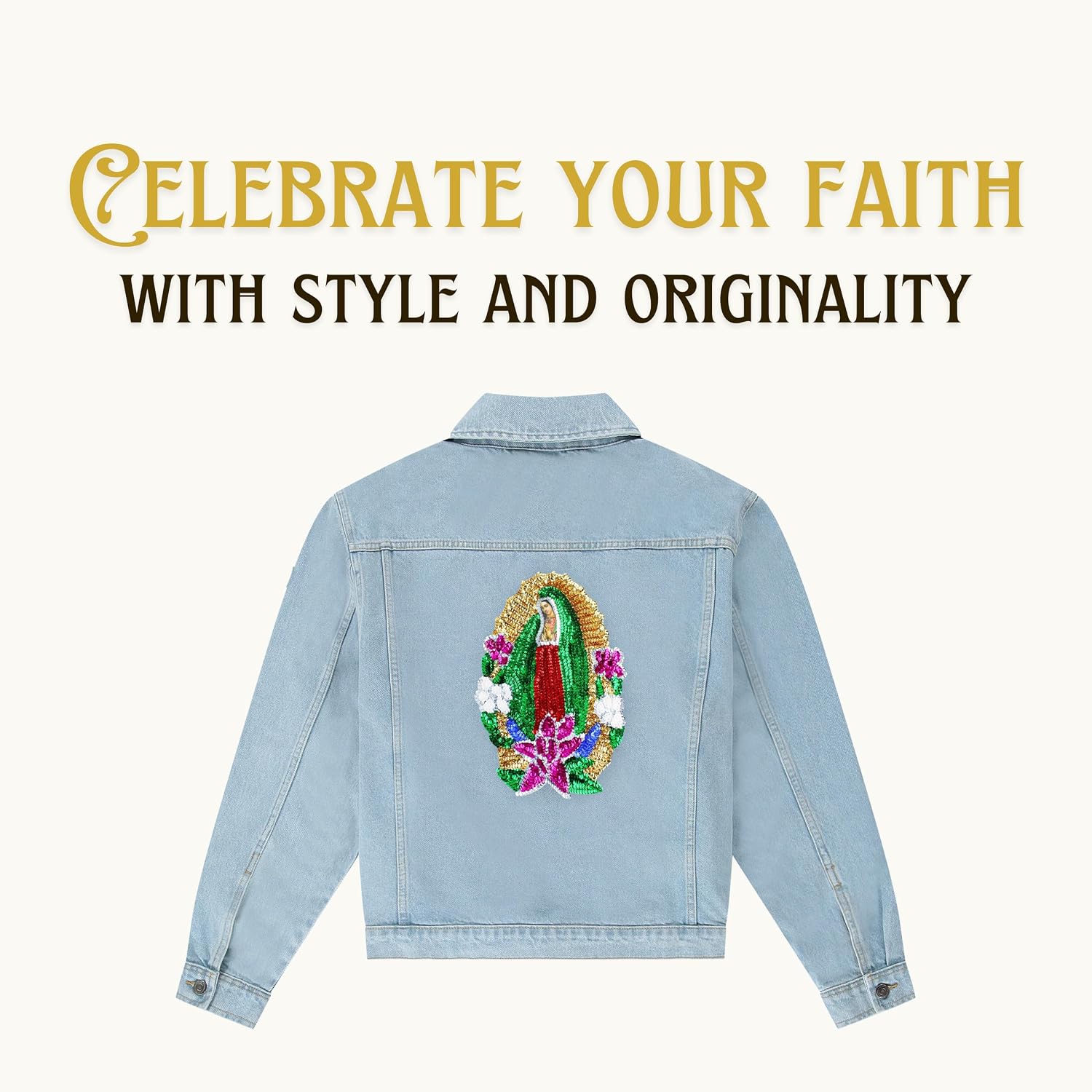 Cuitáxi Virgen de Guadalupe Sequin Applique Patch It can be Sewed/glued on Cap and Gowns, Jackets, Bags or Any Other Fabric - Our Lady of Guadalupe Sequin Patch - Virgin Mary Embellishment Patch