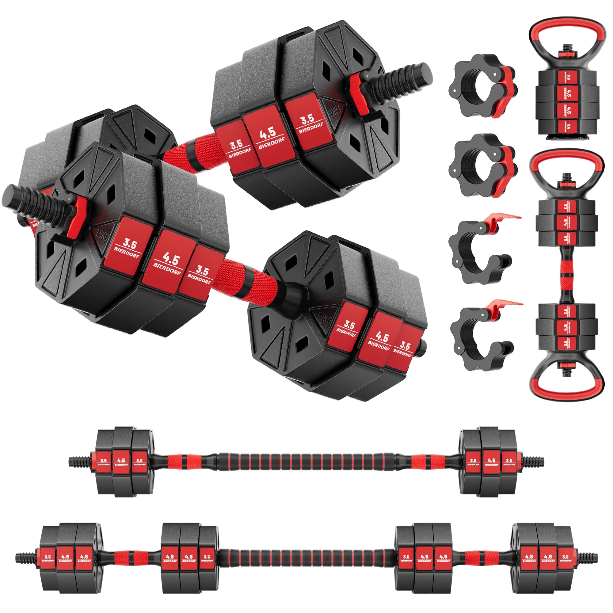 BIERDORF Adjustable Weights Dumbbells Set 50LB/60LB/80LB with 2 Adjustable Kettlebell and 4 Barbell Clips Free Weights Dumbbells Set 4 In 1 Used as Kettlebell Barbell Dumbbell Push Up Bar for Home Gym