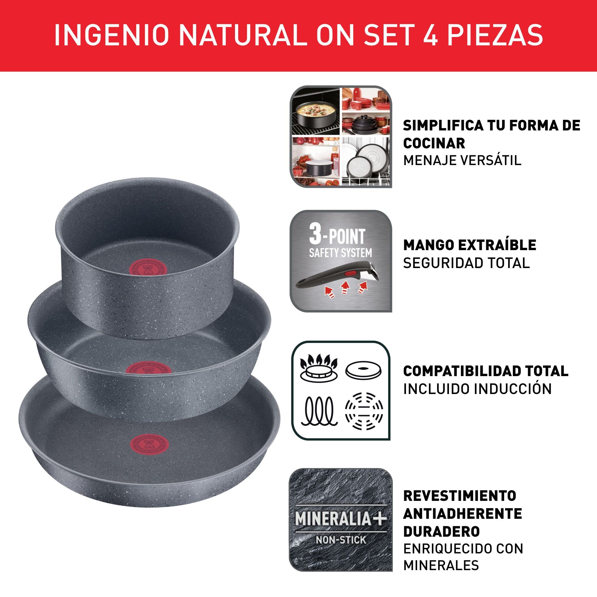 Tefal Ingenio Natural On - Juego de Sartén 28 cm + Cazo 20 cm + Wok 26 cm + Mango extraíble, Apto inducción, antiadherentes, revestimiento titanio, apto lavavajillas y horno