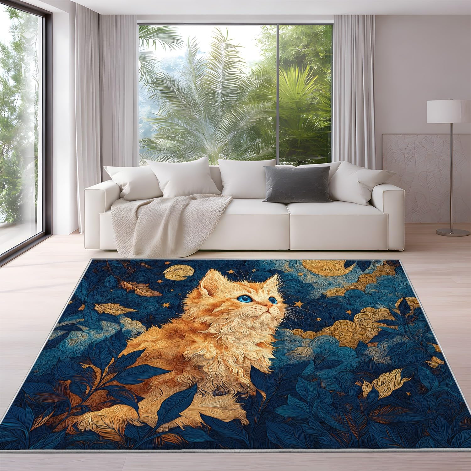 Generico Niebieski Złoty Antypoślizgowy Dywan Zmywalny 160 x 230 cm Wzór Kreskówka Gwiaździste Niebo Kot Dywany, Salon Sypialnia Krótkie Futro - Do Salonu Pokoju Domowego Dywany