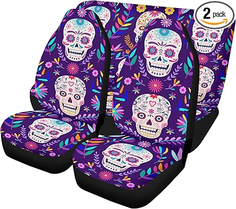Mexican Fiesta Sugar Skull Car Seat Covers and Coordinating Floor Mats – Dia de Los Muertos Calaveras Auto Upholstery Kit for Colorful Seat and Carpet Protection (4pcs Front+Back mats)