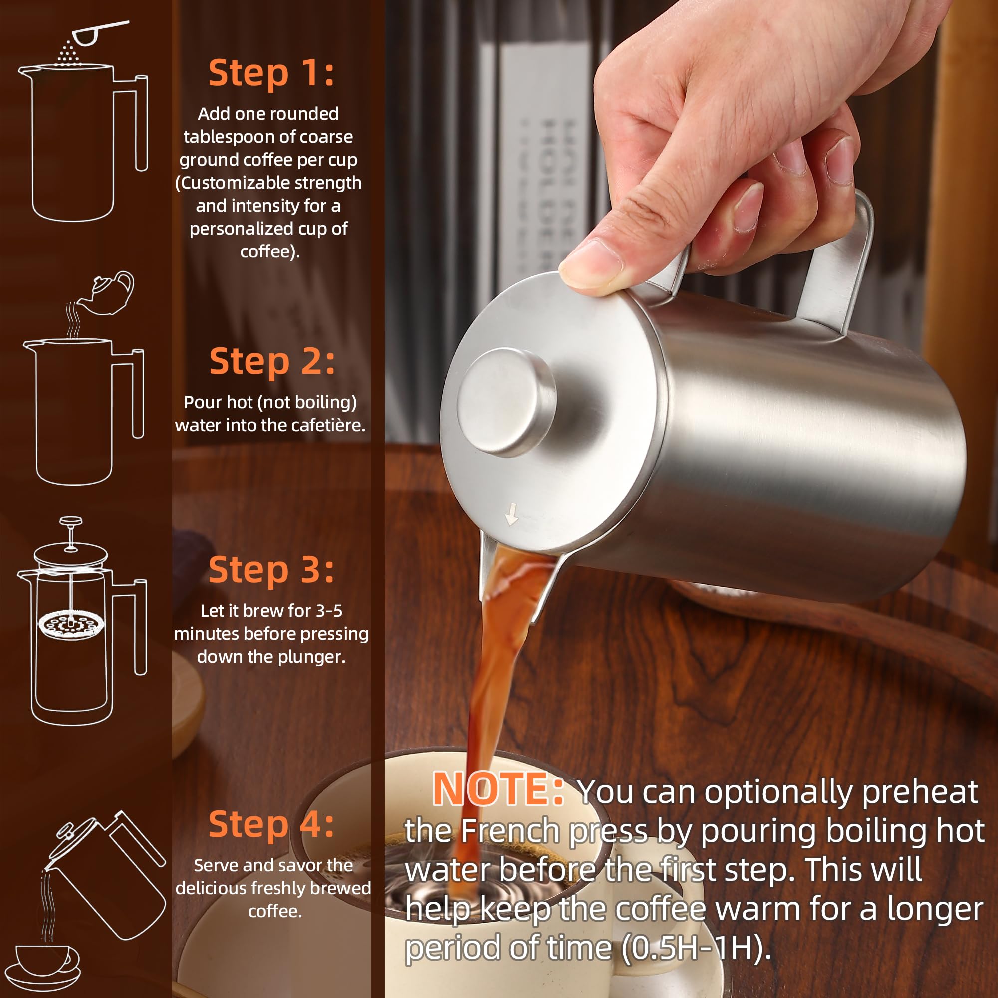 Misichao Petite cafetière à piston 2 tasses Argenté 350 ml | Cafetière isotherme en acier inoxydable avec système de filtration à 3 niveaux, cafetière manuelle