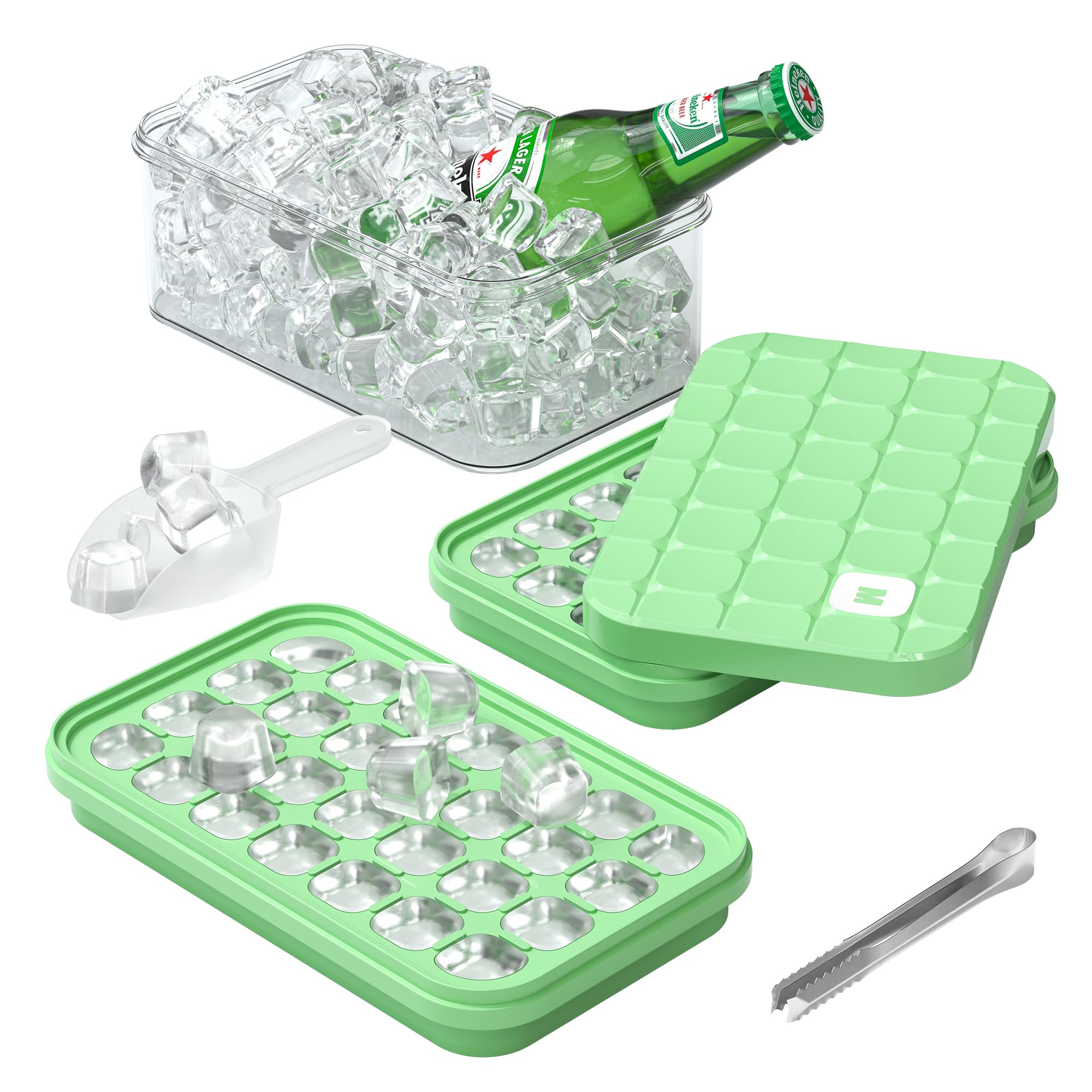 Eiswürfelform, Eiswürfelbehälter mit Deckel und Behälter, 56 Stück Eiswürfel, einfaches Drücken, Stapelbare Eiswürfel Form, mit 2 Tablett, 1 Eisschaufel und Eiszange (Grün)