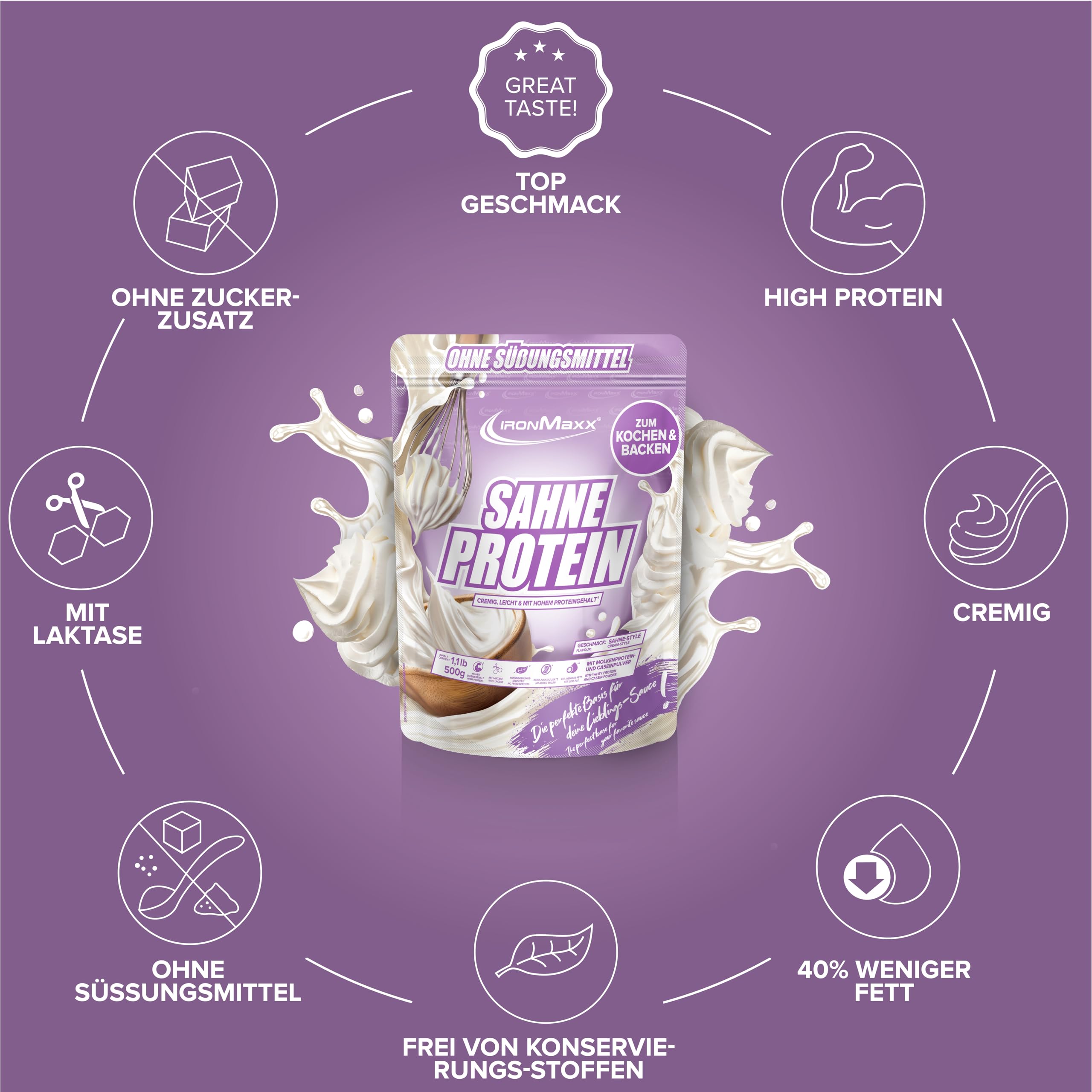 IronMaxx Sahne Protein – 500g Beutel | Proteinreiche Koch- & Backzutat mit Molkenprotein | Ohne Zuckerzusatz & fettärmer als Sahne | Ideal zum Verfeinern von warmen Gerichten