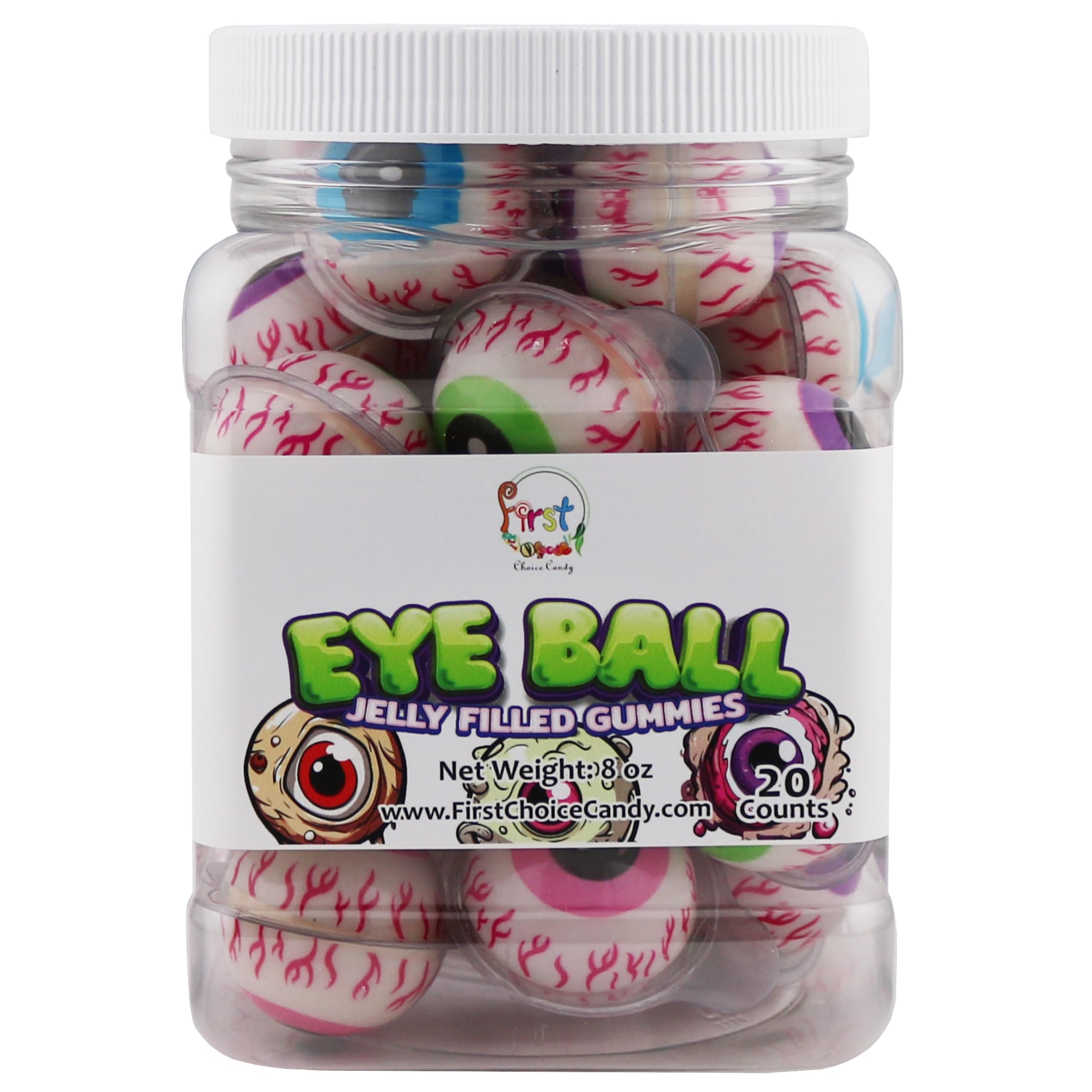 FirstChoiceCandy Jelly Filled Gummies - Assorted Flavor Gummy Filled Candies - Filled With Fruit Jams - 20 Pieces In Resealable Jar (Eyeball)