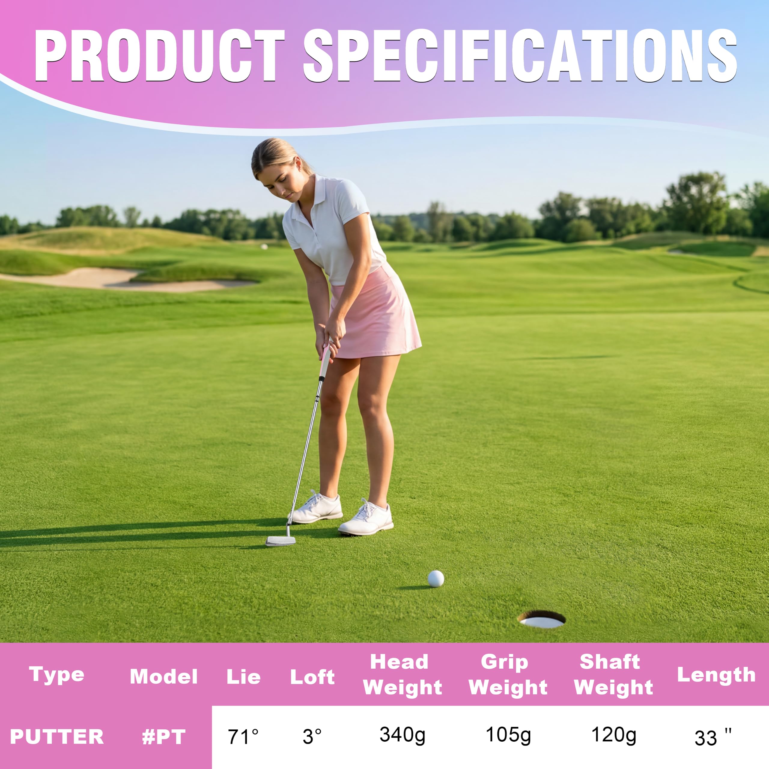 PGM 83.8 cm Golf Putter mit übergroßem Griff, Damen Putter Rechte Hand mit Schlägerhaube