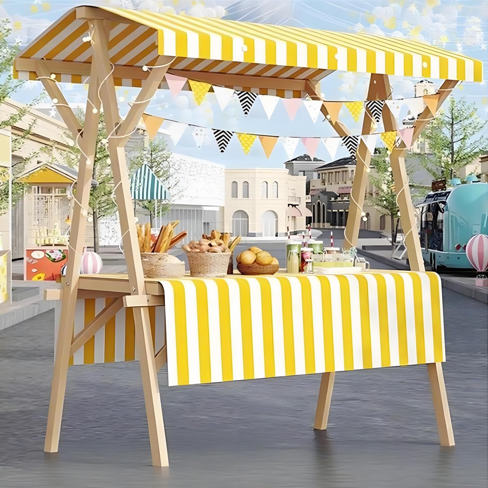 Carrito de comida portátil con ruedas y toldo amarillo expositor móvil de madera de 120 cm