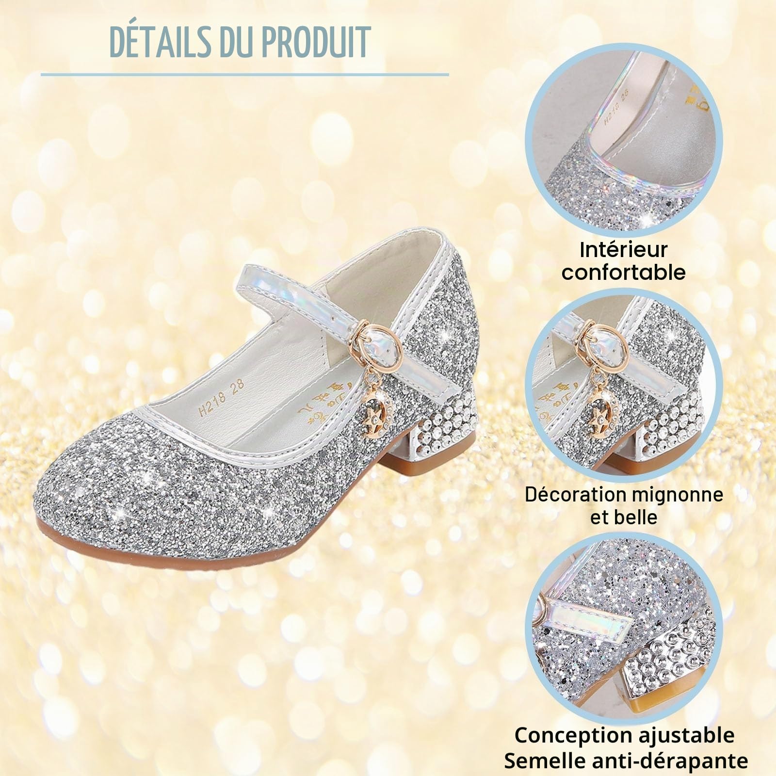 Hixingo Chaussures de Princesse Fille 2-10 Ans, Ballerines Enfant Chaussures Plates Mary Jane, Glitter Shinning Paillettes Enfants Mary Jane pour Anniversaire Mariages et Fêtes