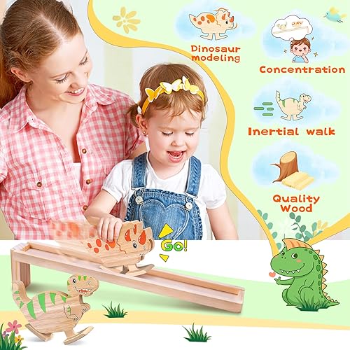 Miniatura 3 de Juguetes de dinosaurio de rampa de madera, paquete de 2  Juguetes Montessori de dinosaurio caminante para niños de 2 años, juguetes de bloques de