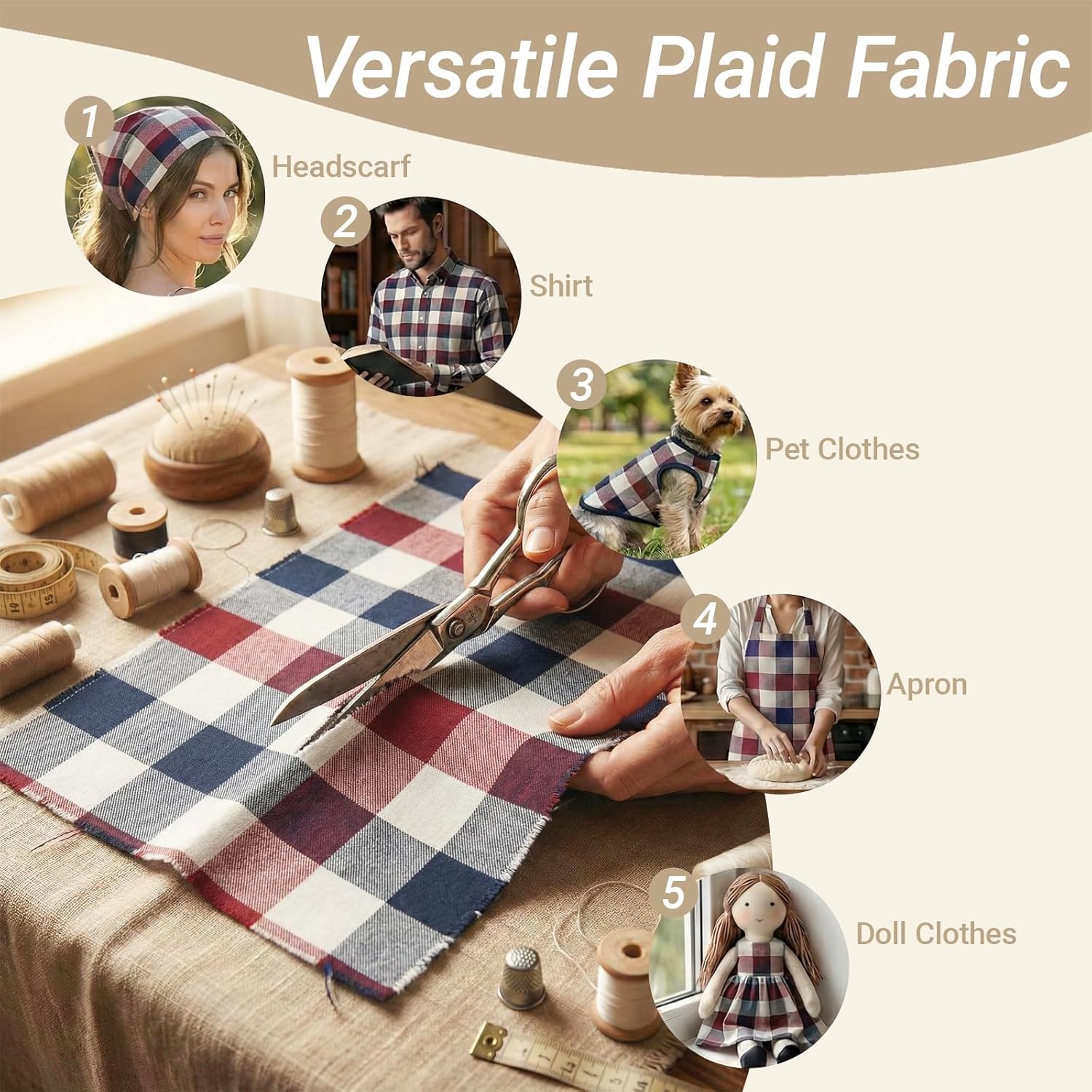 Q&J Fabric Co. 5 Yard x 57Inch Plaid Fabric,Gingham Fabric by the Yard, 4.42 oz/yd²,Checkered Cloth Tartan Poly-Cotton Material for DIY Crafts,Quilting,Apparel,Tablecloths(Navy Blue & White & Red)