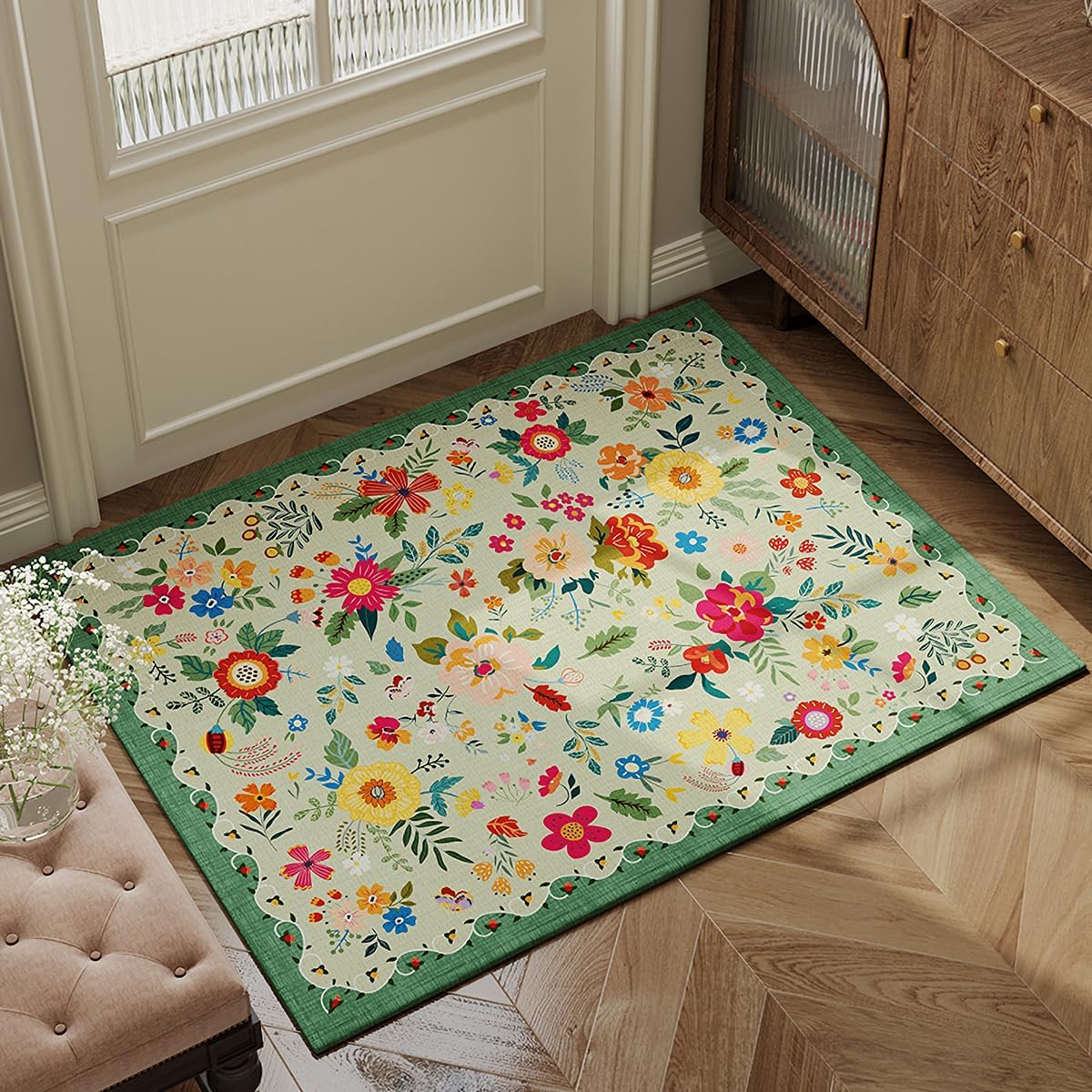 Floral Area Rug Non Slip Doormat Low Pile Outdoor Entryway Rugs Super Absorbent Easy Clean Front Door Mat for Living Room, Kitchen and Dining Room (47"x31", Green)