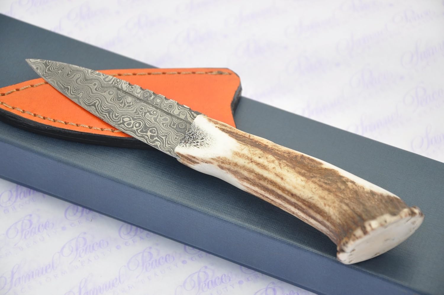 New Genuine Damascus Steel Full Crown Stag Handle Sheffield Sgian Dubh Boxed with Superior Leather Sheath