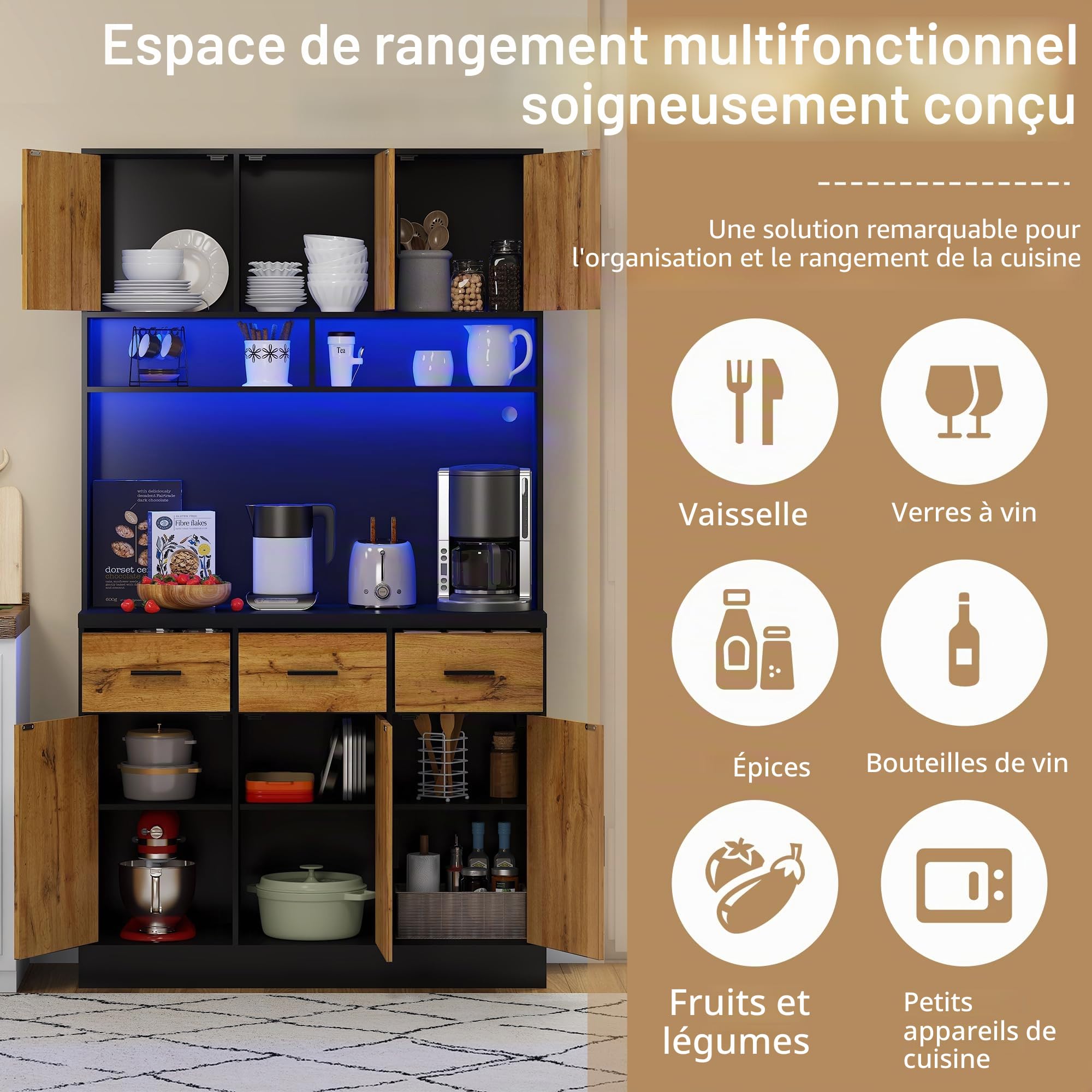 Buffet multifonction 100 x 40 x 180 cm avec éclairage LED, télécommande, prise et ports USB, étagères et tiroirs réglables, idéal pour les cuisines et les salles à manger, noir + naturel A