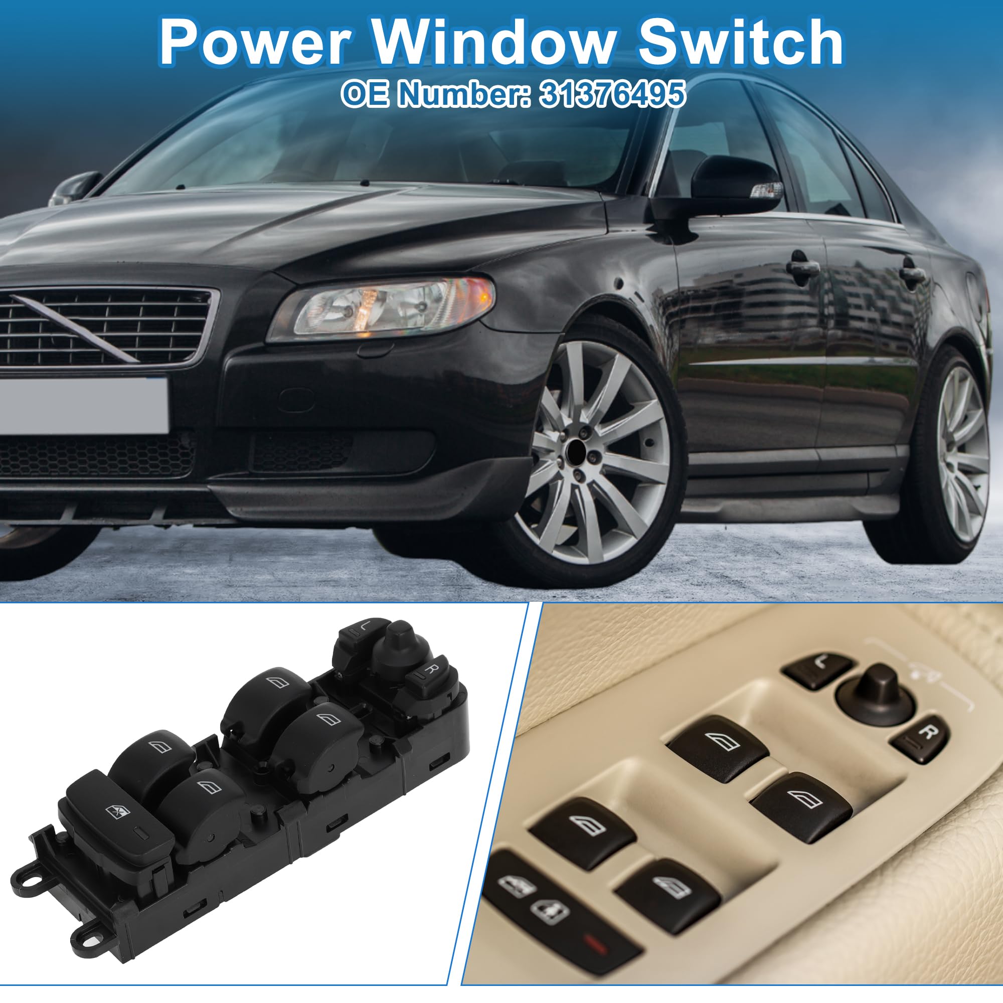 A ABSOPRO Interruttore del finestrino elettrico N. 31376495 Interruttore di controllo del finestrino lato guida anteriore sinistro per Volvo XC70 S80 V70 Nero