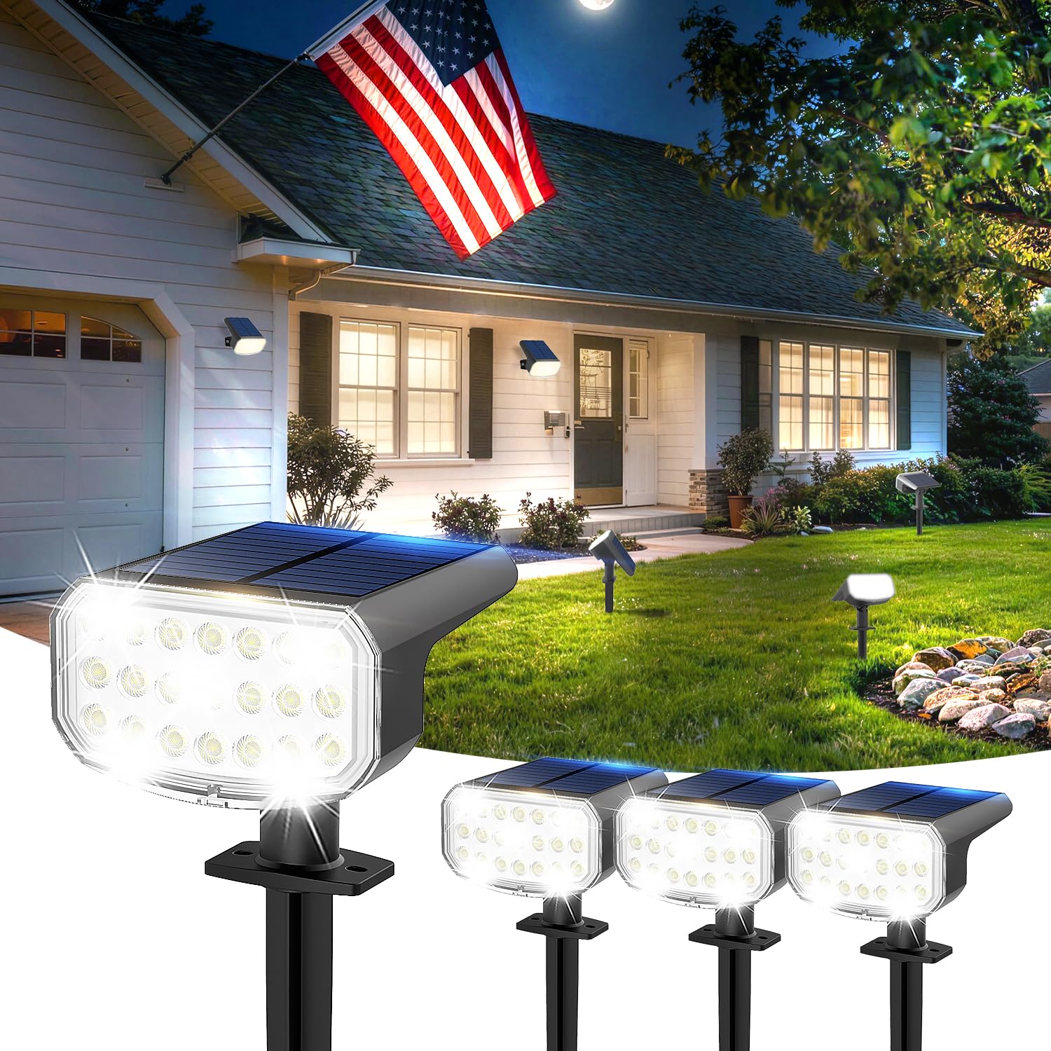 JEJOT Solar Spotlights Outdoor with Focus Beam, 4 Pack