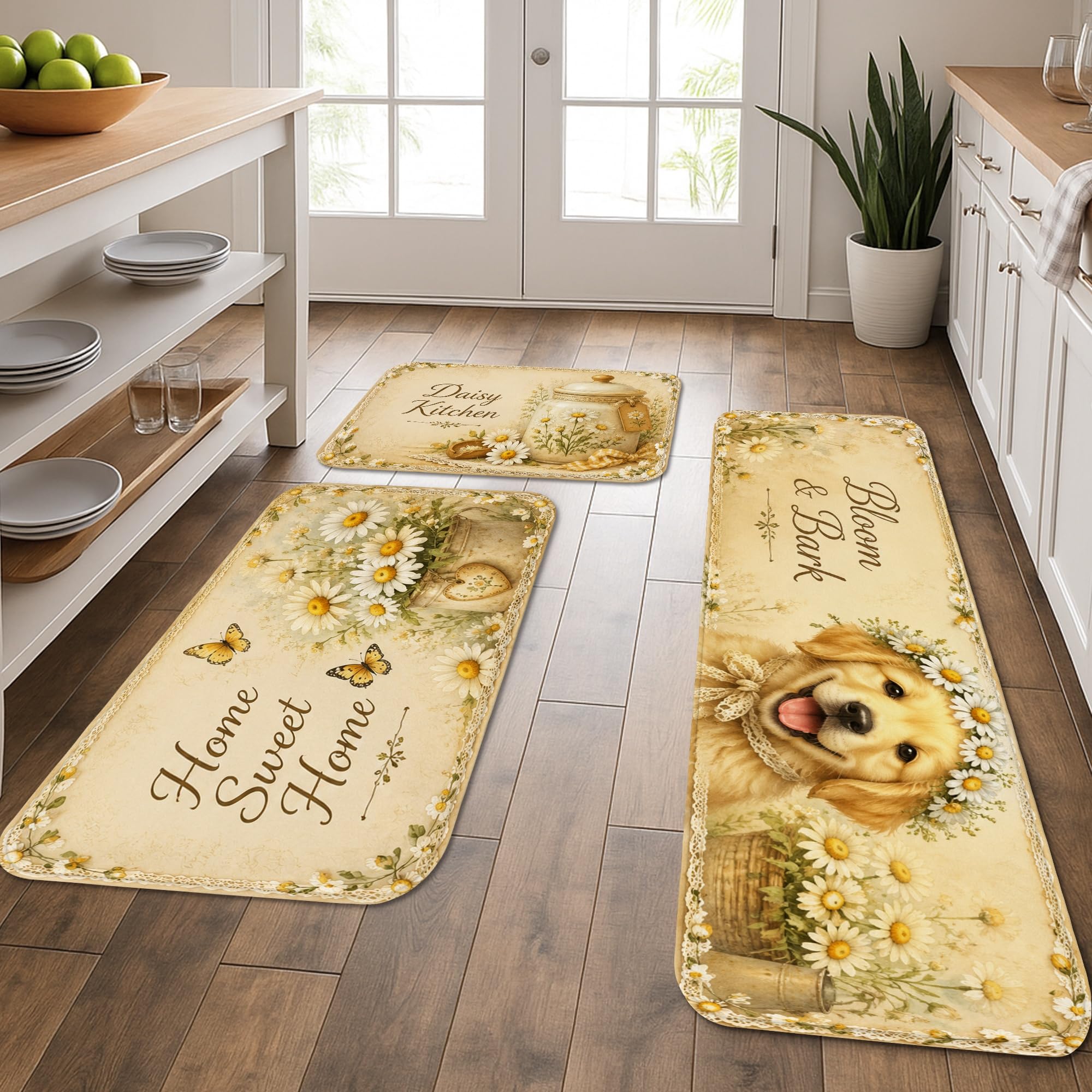 Lot de 3 tapis de cuisine floral et papillons vintage lavables