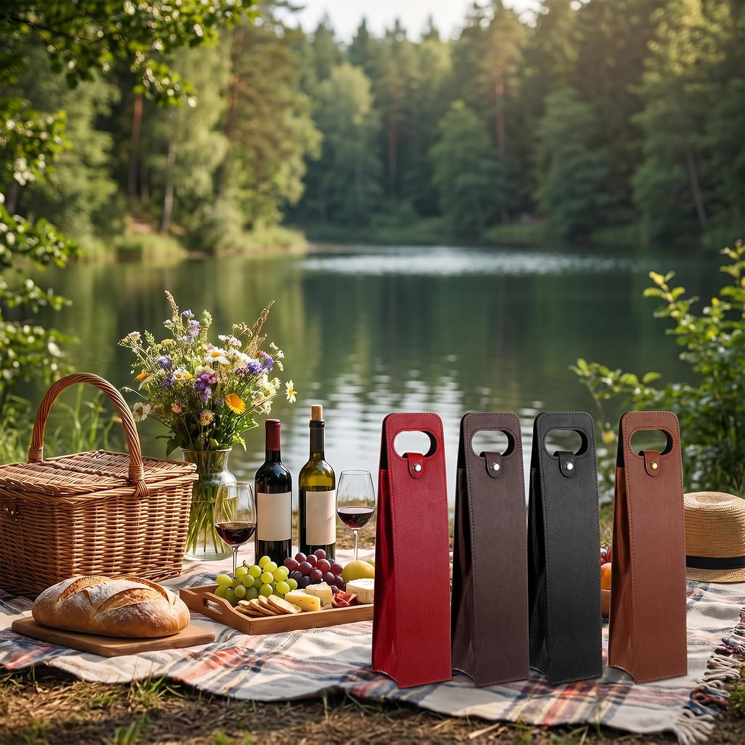 4 Pcs Reusable Leather Wine Bag Set, Champagne Bottle Gift Bags Leather Tote Carrier, Single Bottle Wine Gift Bag for Birthday Wedding Christmas Party, Brown Black Red Wood image 5