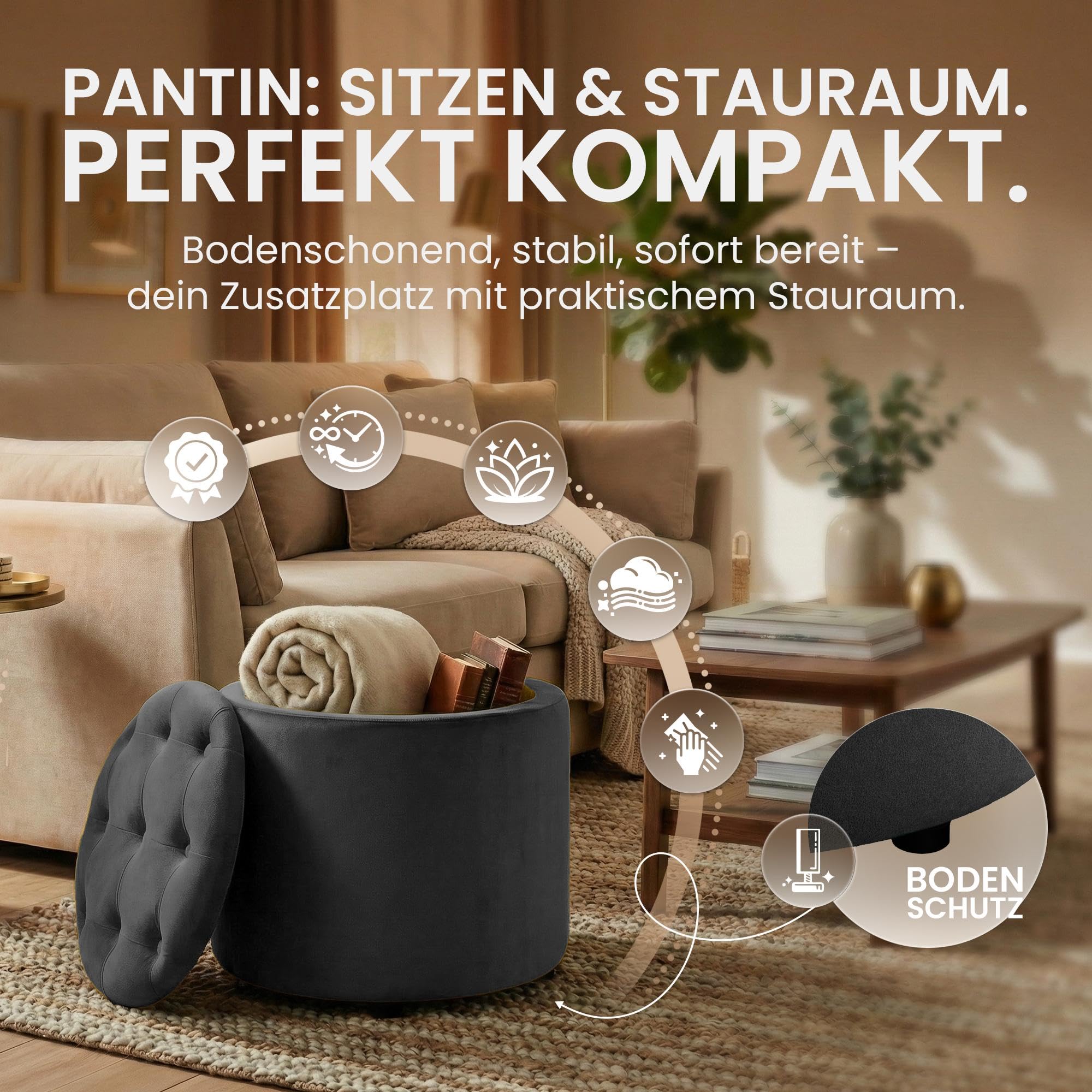 CLP Sitzhocker rund mit Stauraum Pantin, Fußhocker gepolstert mit Samtbezug, Hocker im Chesterfield Design für Wohnzimmer und Schlafzimmer Farbe grau