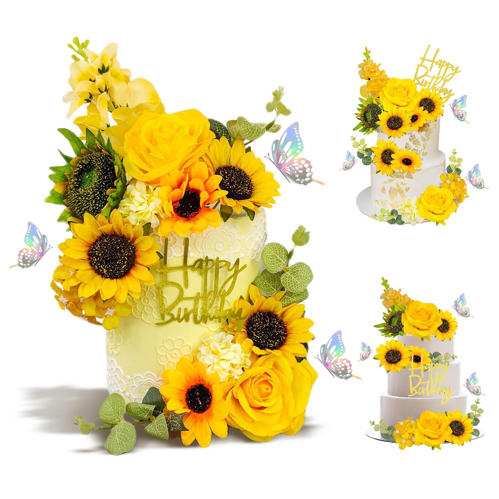 19 PCS Sunflower Cake Topper Yellow Boho Flower Cake Decorations Faux Sunflower Eucalyptus Cake Topper Decorations Fall Thanksgiving Baby Shower Wedding Birthday Holiday Party Supplies