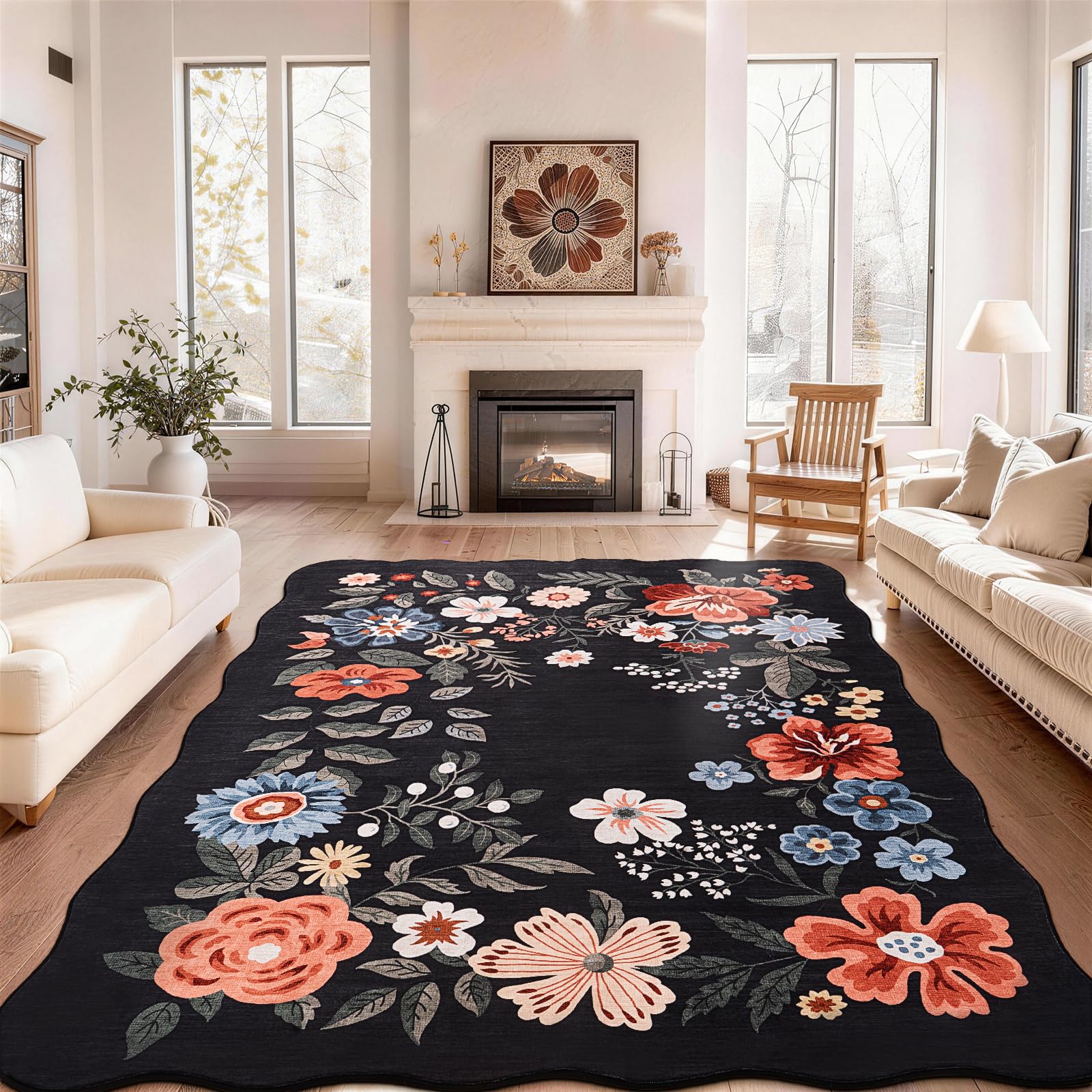 SOANNY Floral Living Room Rug, Large Boho Area Carpet, Soft Low Pile Washable Non Slip Stain Resistant Rugs for Bedroom Entryway ‎‎‎‎Nursery Office Dining Room Office, 200x300 cm, Scalloped Black