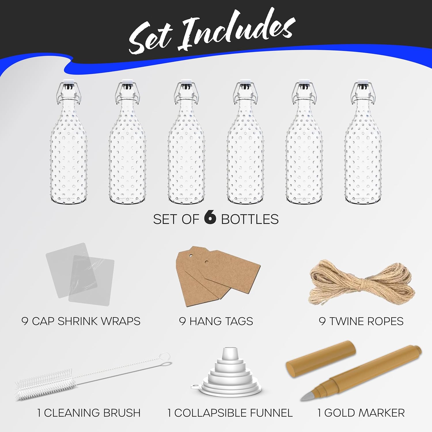 Nevlers 17 Oz Dotted Swing Top Glass Bottles with Airtight Lid | Flip Top Glass Bottle with Stopper 6 PK | Reusable Beer & Kombucha Bottles | Bottling Kit w/Shrink Wrap, Tags, Funnel, Brush & Marker - Image 9