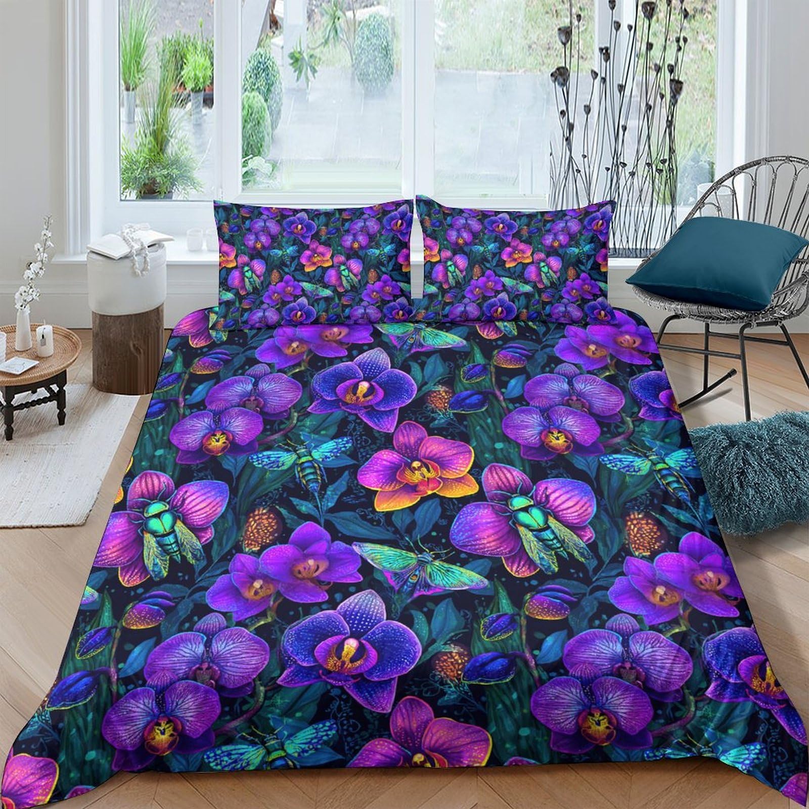 GPLZQXKJNH 3D Printed Purple Orchid Duvet Cover Set Microfiber Soft Breathable Floral Bedding Set with 2 Pillowcases for Bedroom Decor Single（135x200cm）