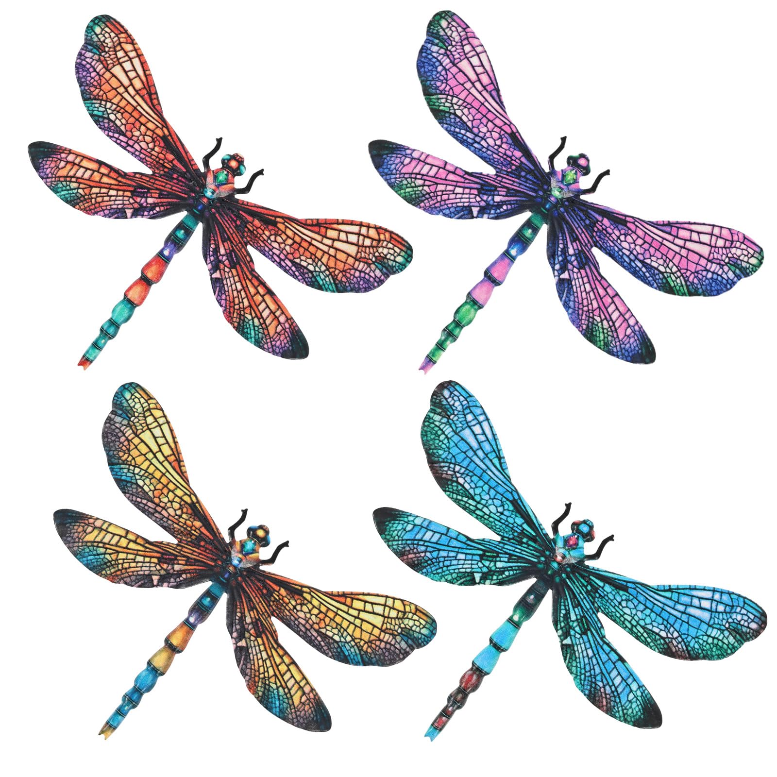 Alongen 4 Pcs Metal Dragonfly Wall Art Decor, Colorful Wrought Iron Hanging Garden Ornaments, Outdoor Wall Sculptures for Fence Yard Patio Porch Living Room(Style 2)