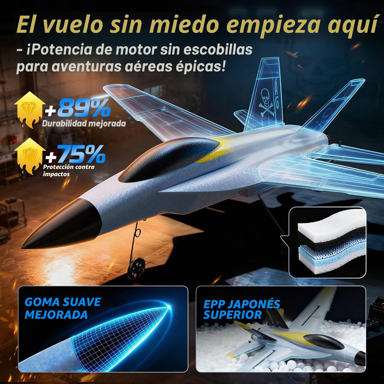 DEERC Avion Teledirigido Brushless de 4 Canales, Giroscopio Avanzado, Acrobacias Flip 360°, Alerta de Batería Baja, RC Avión con 2 Baterías, Fácil de Volar para Adultos y Niños