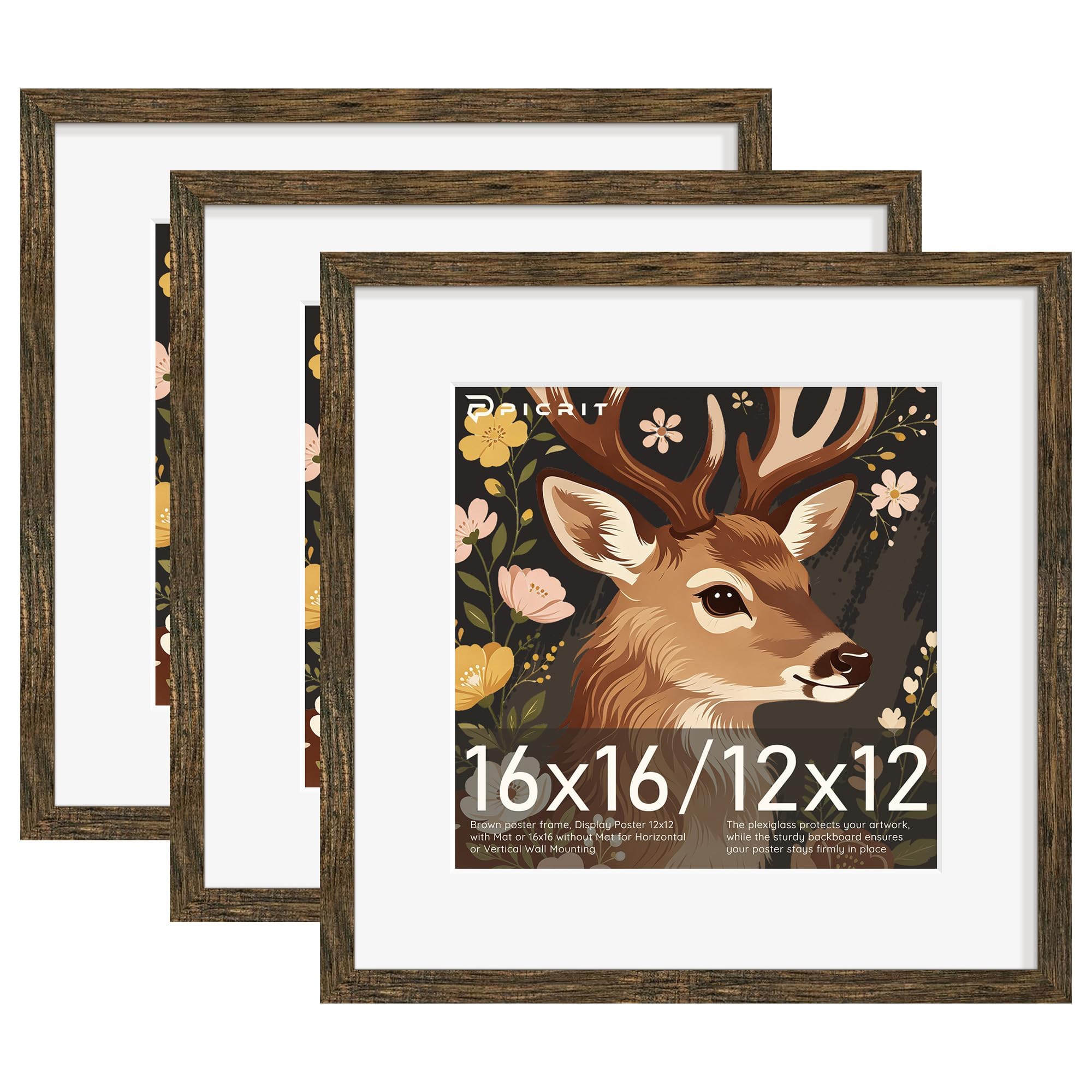 Picrit 16x16 Rustic Brown Picture Frame, Poster Frame for Wall, 3 Pack