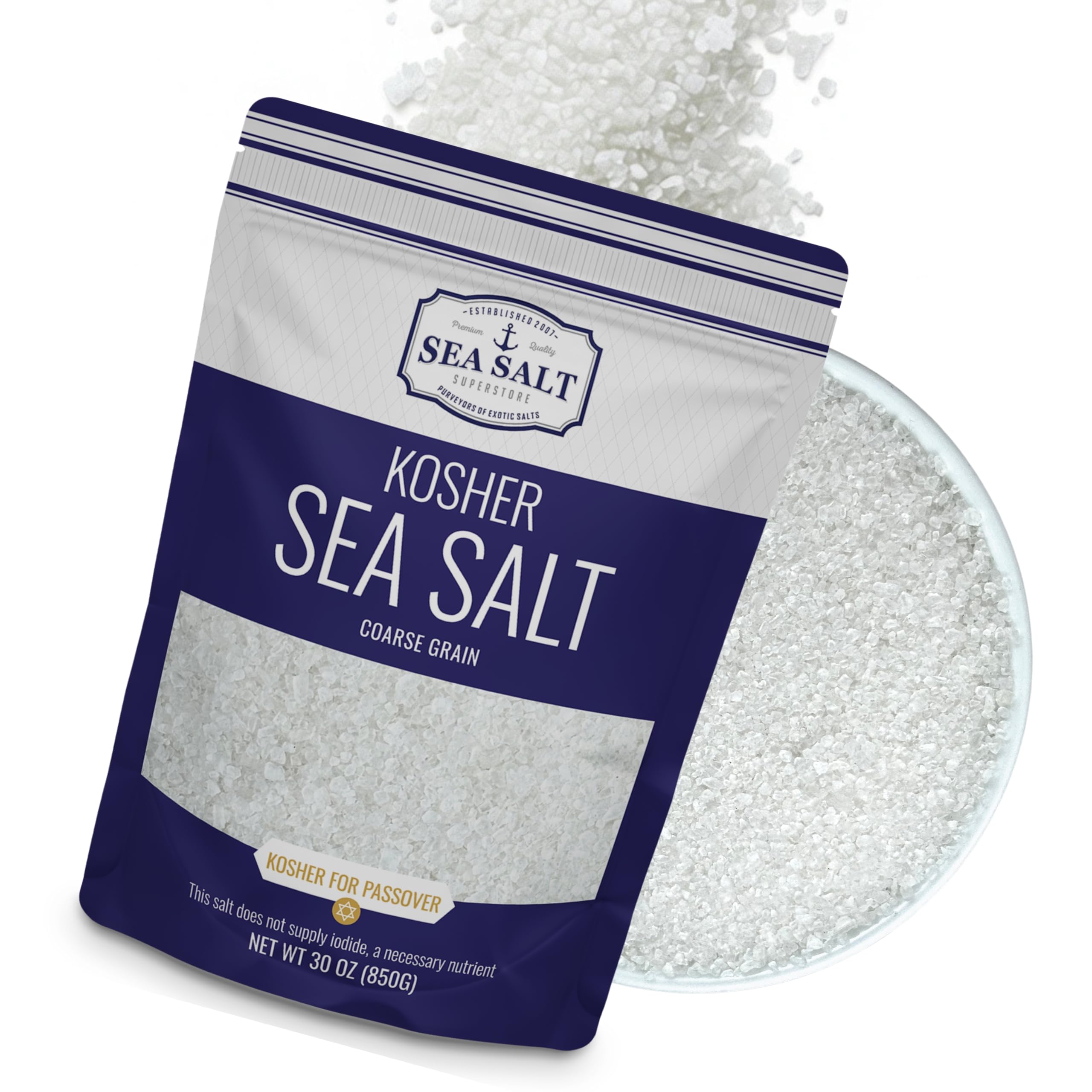 Kosher Sea Salt, Coarse Grain Kosher Salt, Coarse Salt Replacement for Table Salt, Non-Iodized & Natural Coarse Sea Salt for Grinder, 30 oz Bag, Sea Salt Superstore