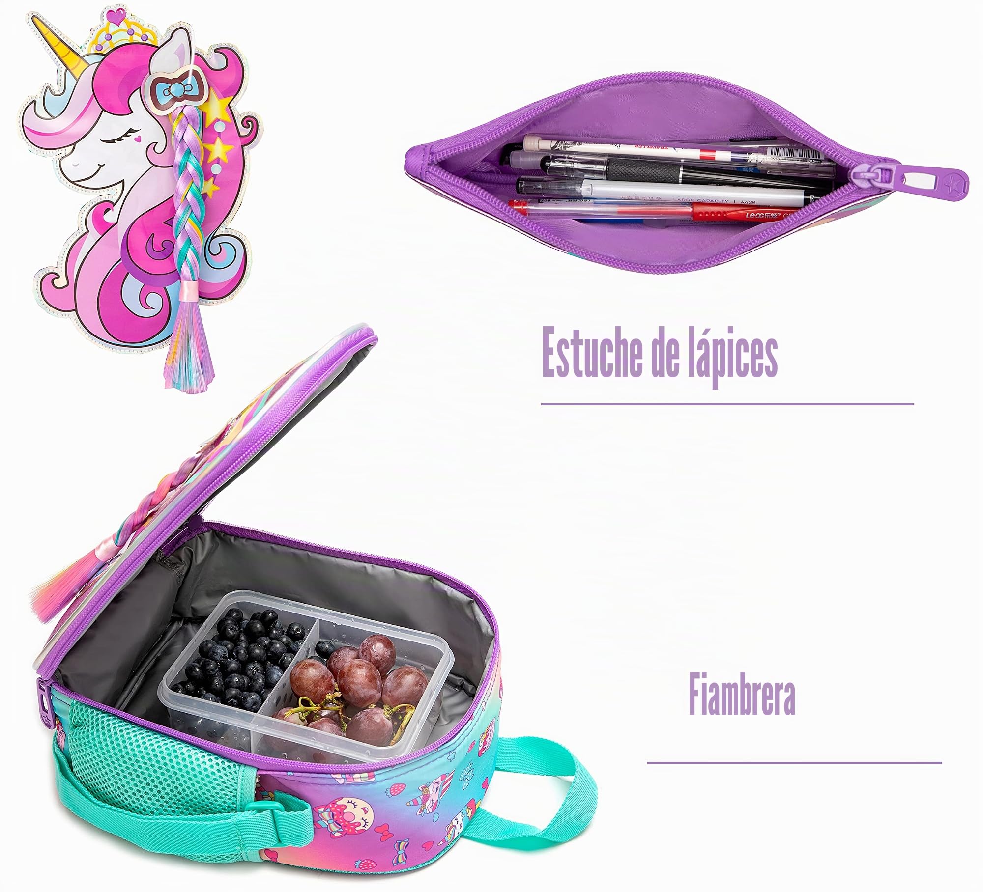 Meetbelify Niñas Unicornio Ruedas Mochila Mochilas Niños Equipaje para Primaria Preescolar Estudiantes Lindo Maleta Trolley Viaje Mochila con Ruedas con Fiambrera para Gi